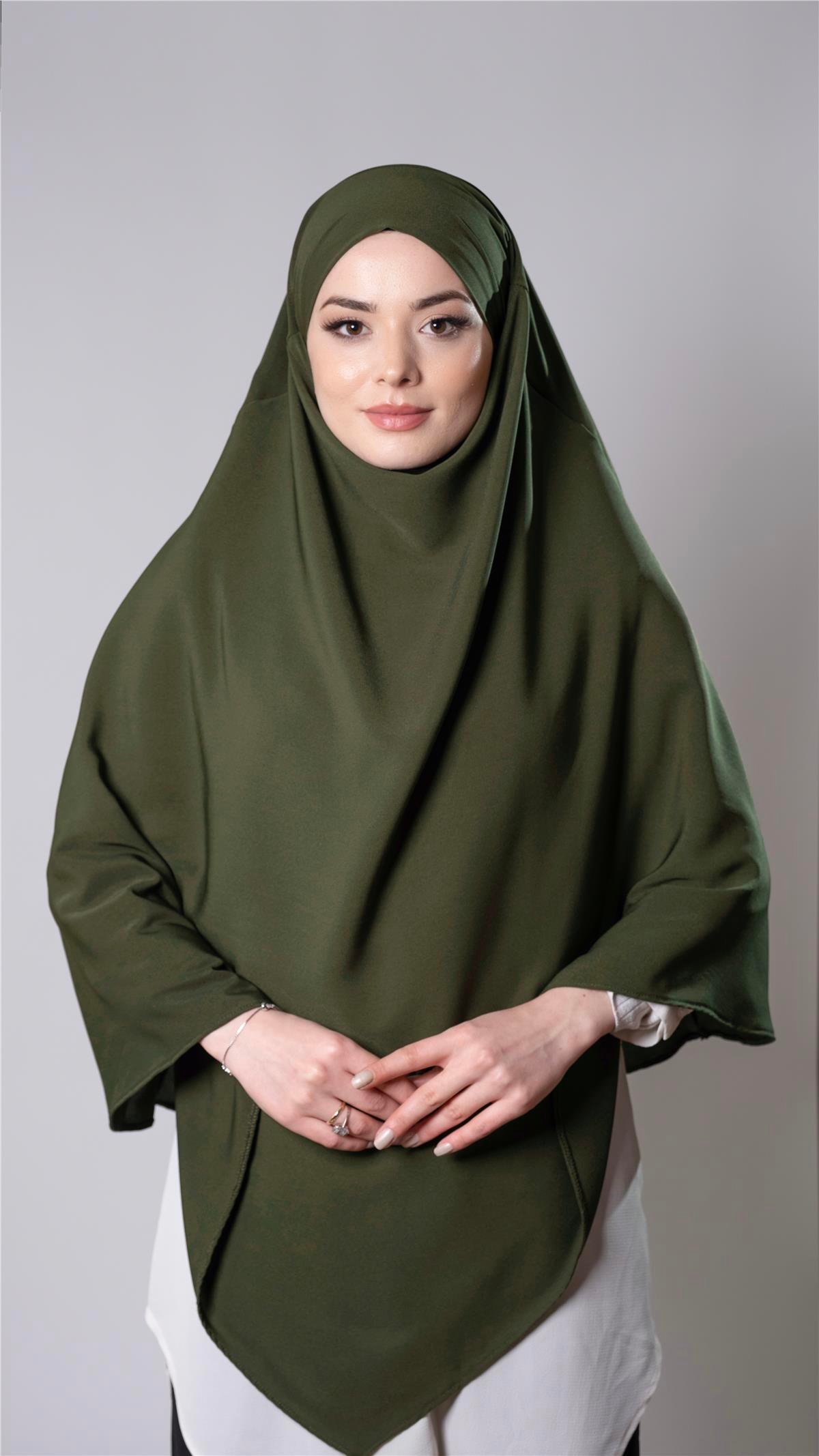 Haki Pratik Hazır Geçmeli Tesettür Eşarp Medine İpeği Bağcıklı Çift Katlı Sufle Hijab 2302_09