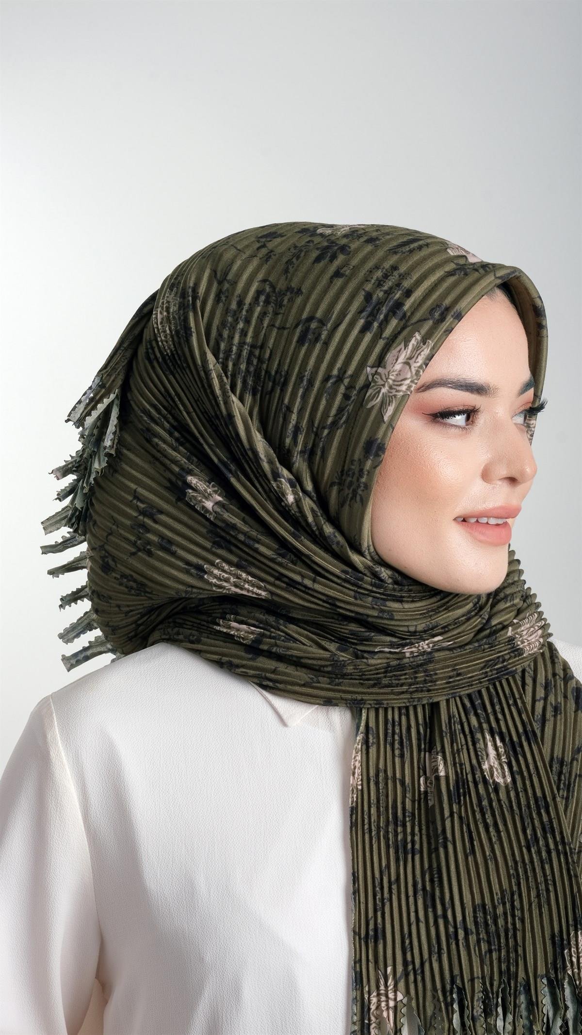 Haki Pratik Hazır Geçmeli Tesettür Eşarp Kesik Elyaf Piliseli Çiçek Desenli 1818D6_09