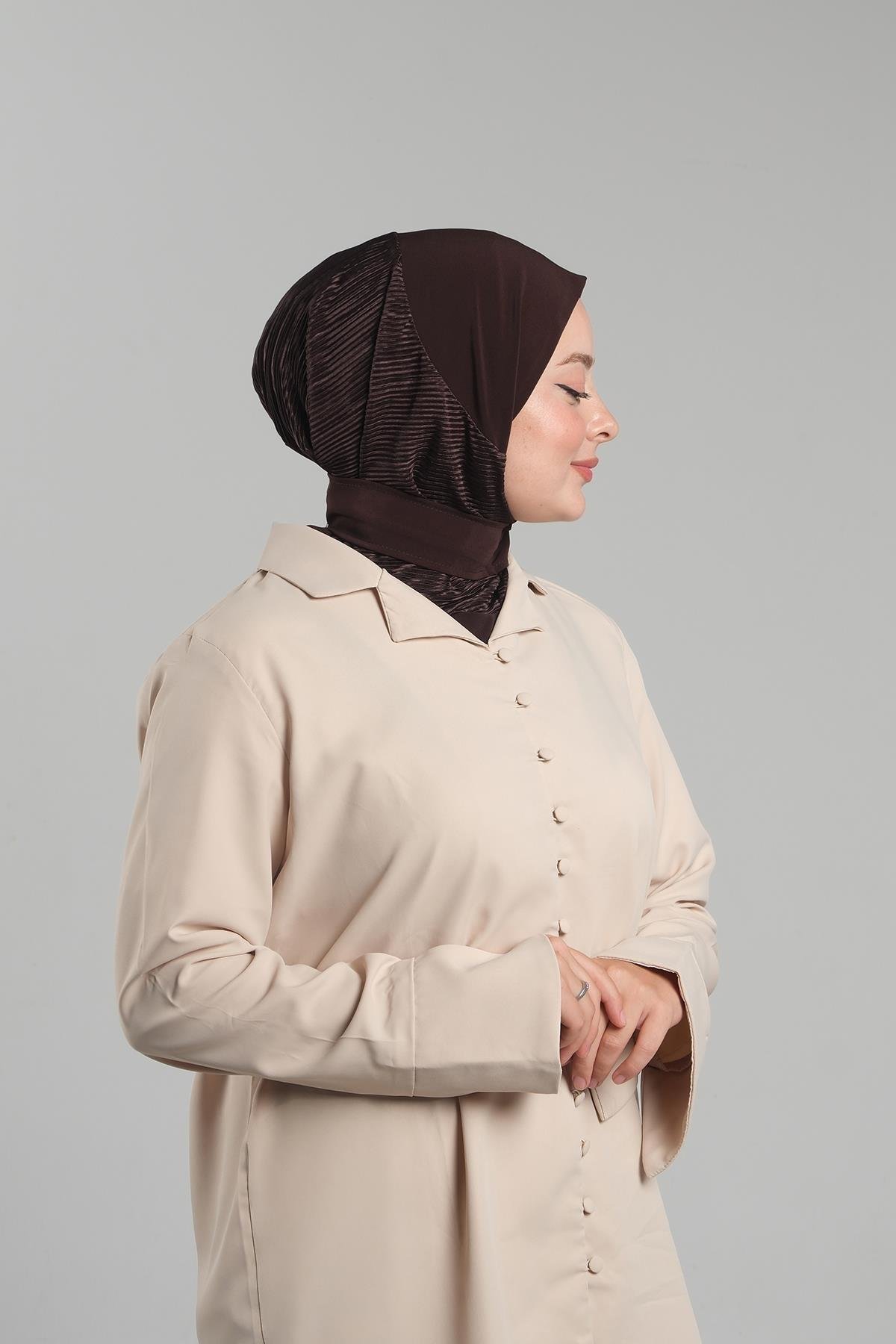 Kahve Pratik Hazır Geçmeli Tesettür Eşarp Sandy Arkadan Çıtçıtlı Piliseli Hijab 2406_14
