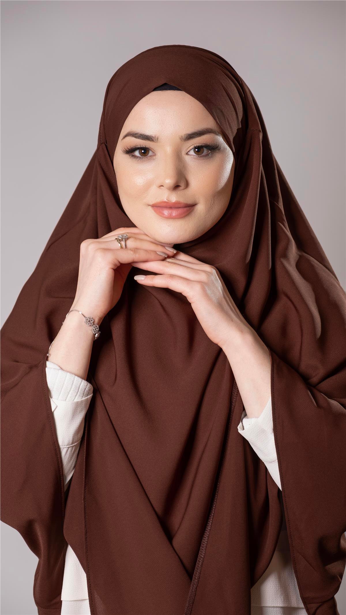 Kahverengi Pratik Hazır Geçmeli Tesettür Eşarp Medine İpeği Bağcıklı Çift Katlı Sufle Hijab 2302_14