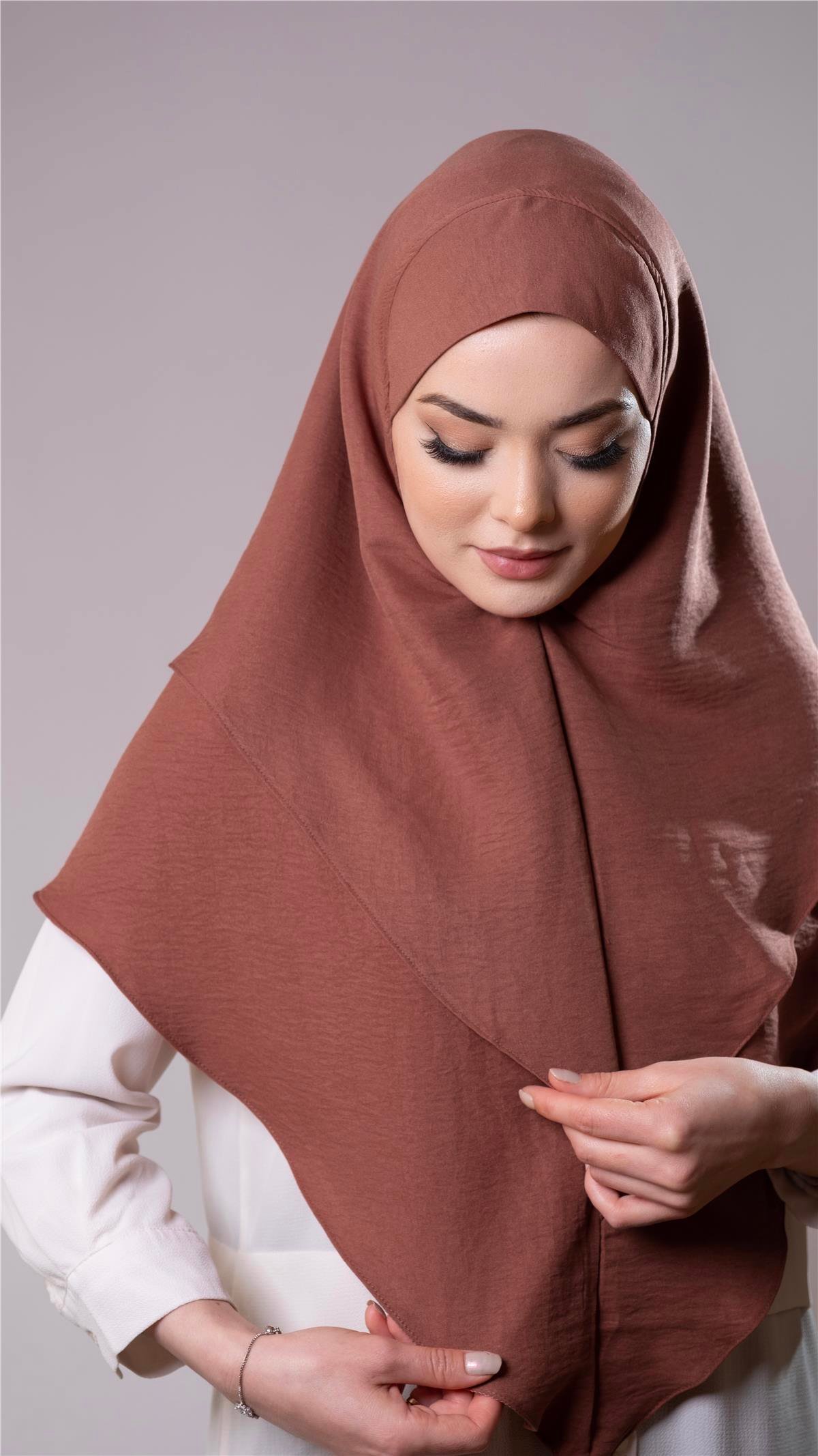Kiremit Pratik Hazır Geçmeli Tesettür Eşarp Pamuk Caz Kumaş Çift Katlı Düz Hijab 2303_05