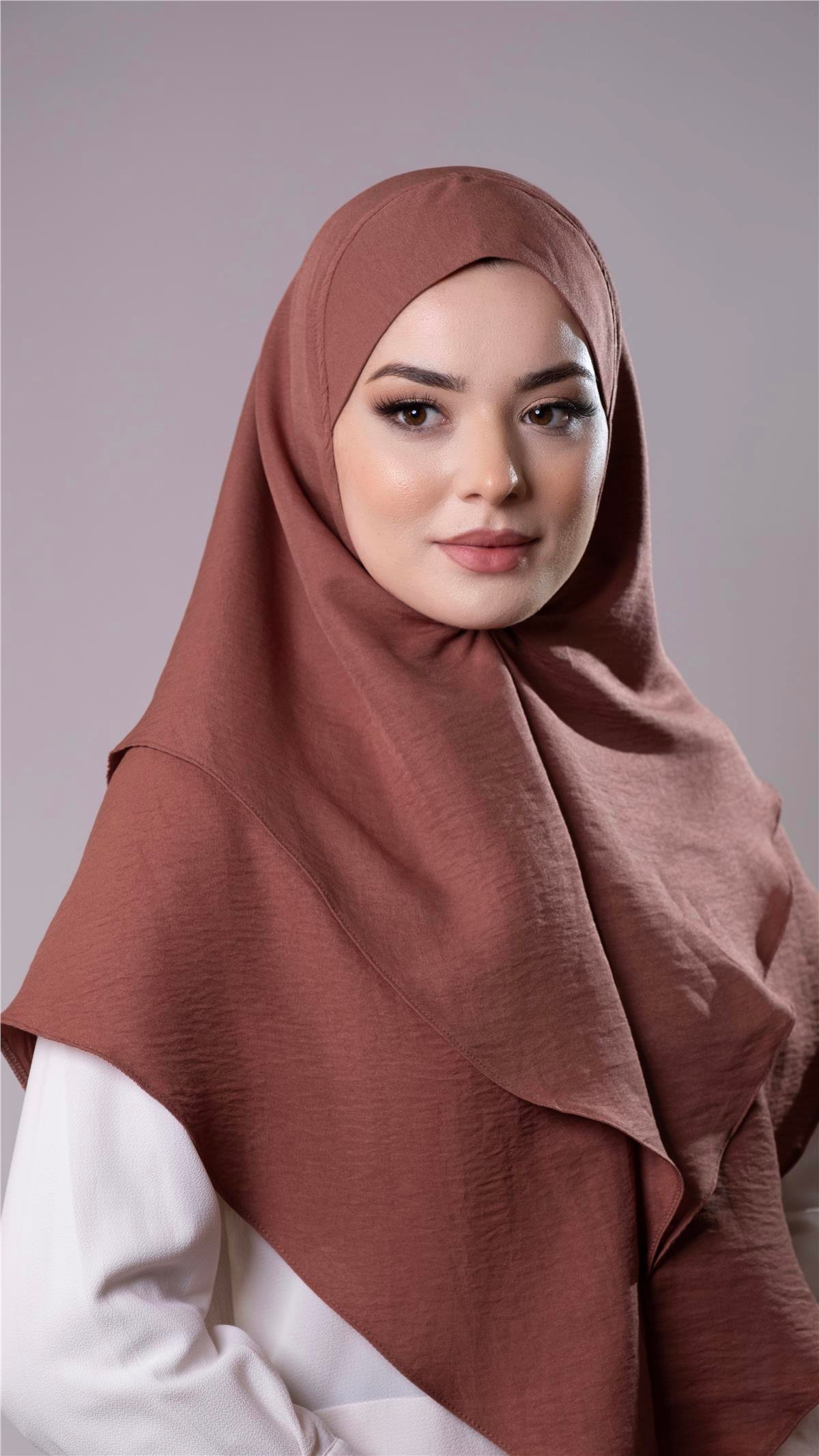Kiremit Pratik Hazır Geçmeli Tesettür Eşarp Pamuk Caz Kumaş Çift Katlı Düz Hijab 2303_05