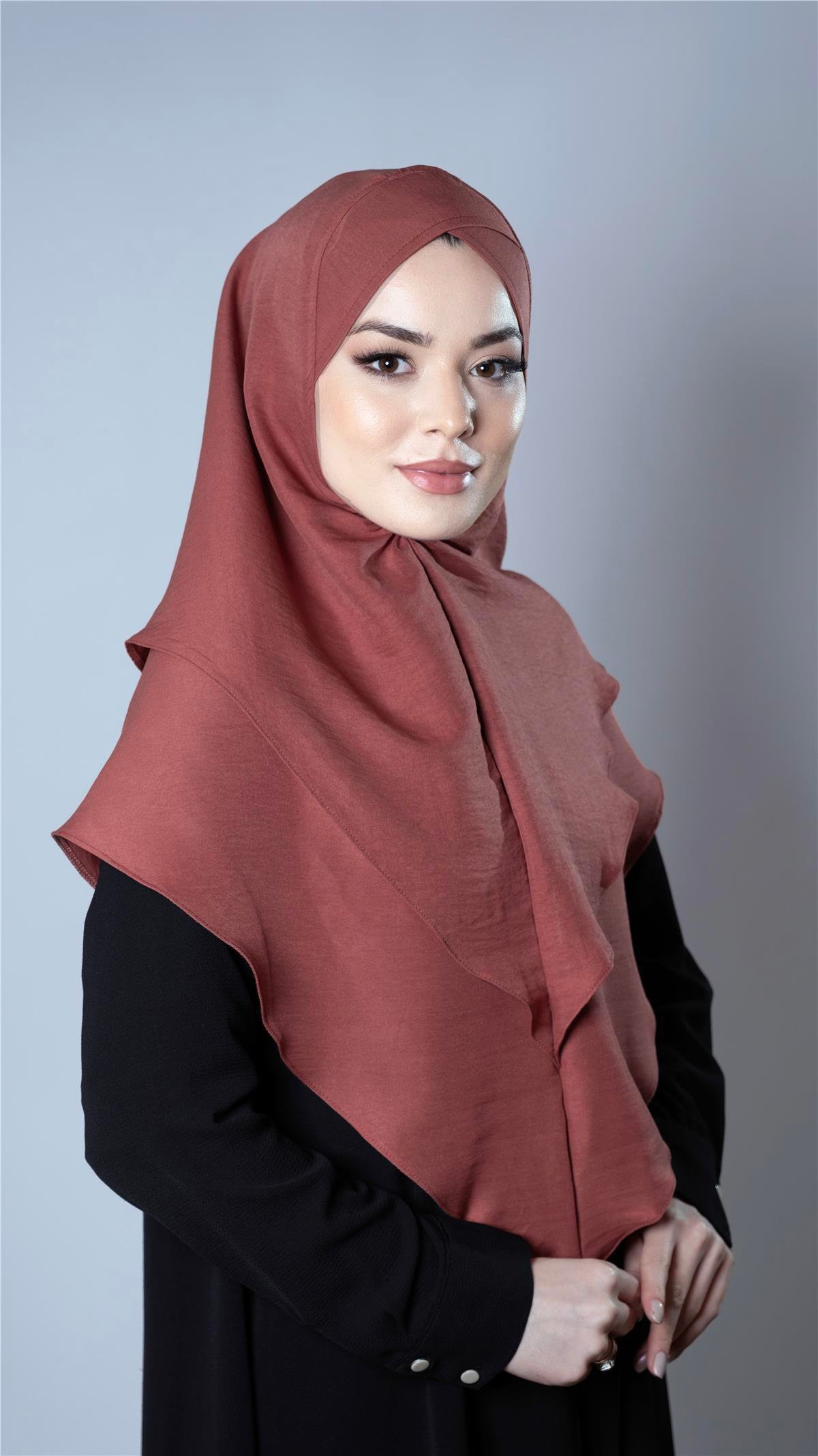Kiremit Pratik Hazır Geçmeli Tesettür Eşarp Pamuk Caz Kumaş Çift Katlı Çapraz Hijab 2304_05