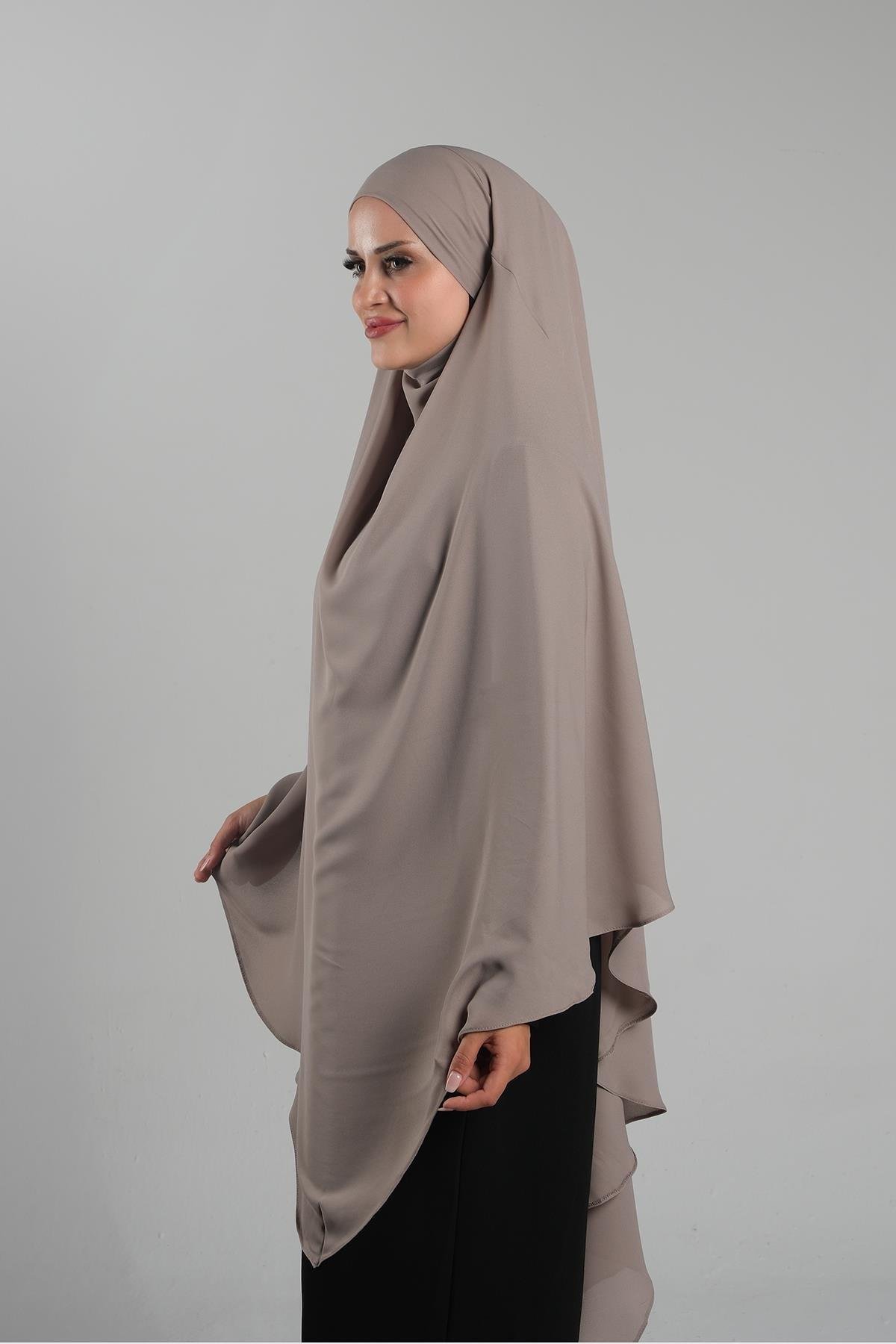 Koyu Bej Pratik Hazır Geçmeli Tesettür Eşarp Krep Bağcıklı Sufle Hijab 2313_44