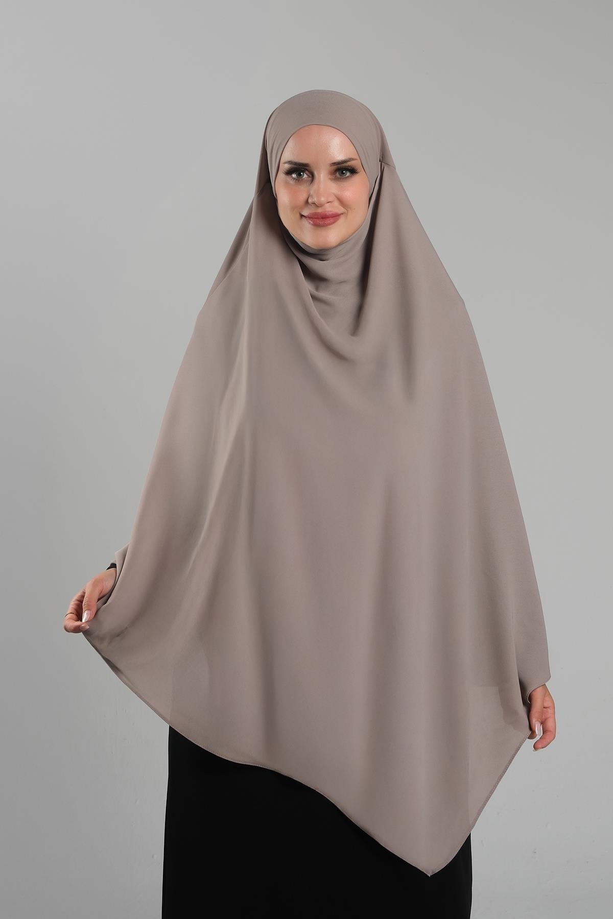 Koyu Bej Pratik Hazır Geçmeli Tesettür Eşarp Krep Bağcıklı Sufle Hijab 2313_44
