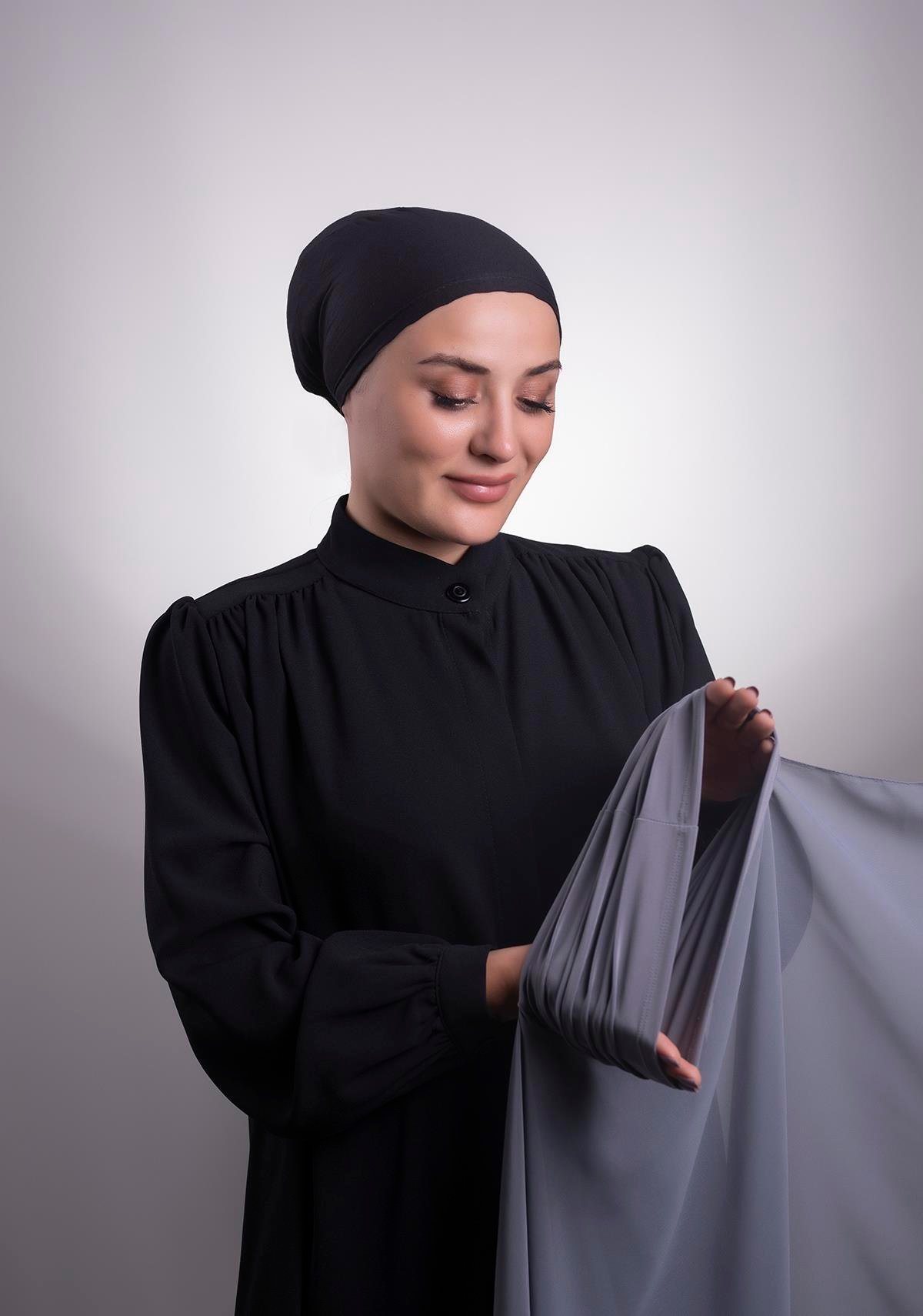 Koyu Gri Pratik Hazır Geçmeli Şal Şifon Boru Boneli 3001_23