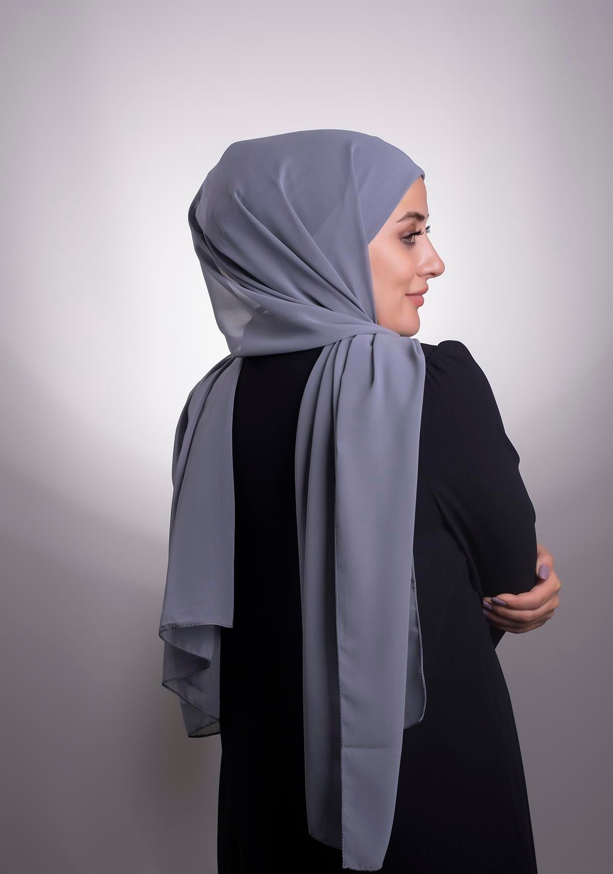 Koyu Gri Pratik Hazır Geçmeli Şal Şifon Boru Boneli 3001_23