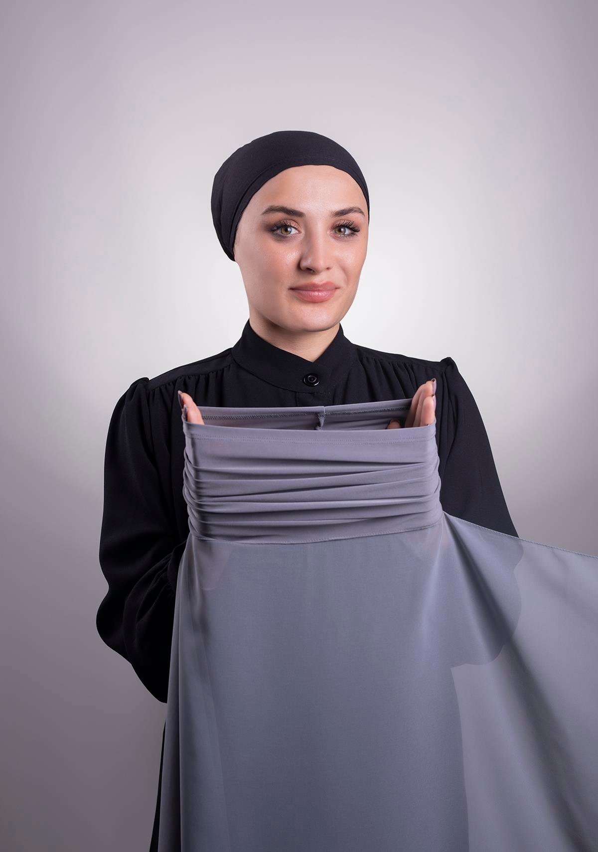 Koyu Gri Pratik Hazır Geçmeli Şal Şifon Boru Boneli 3001_23