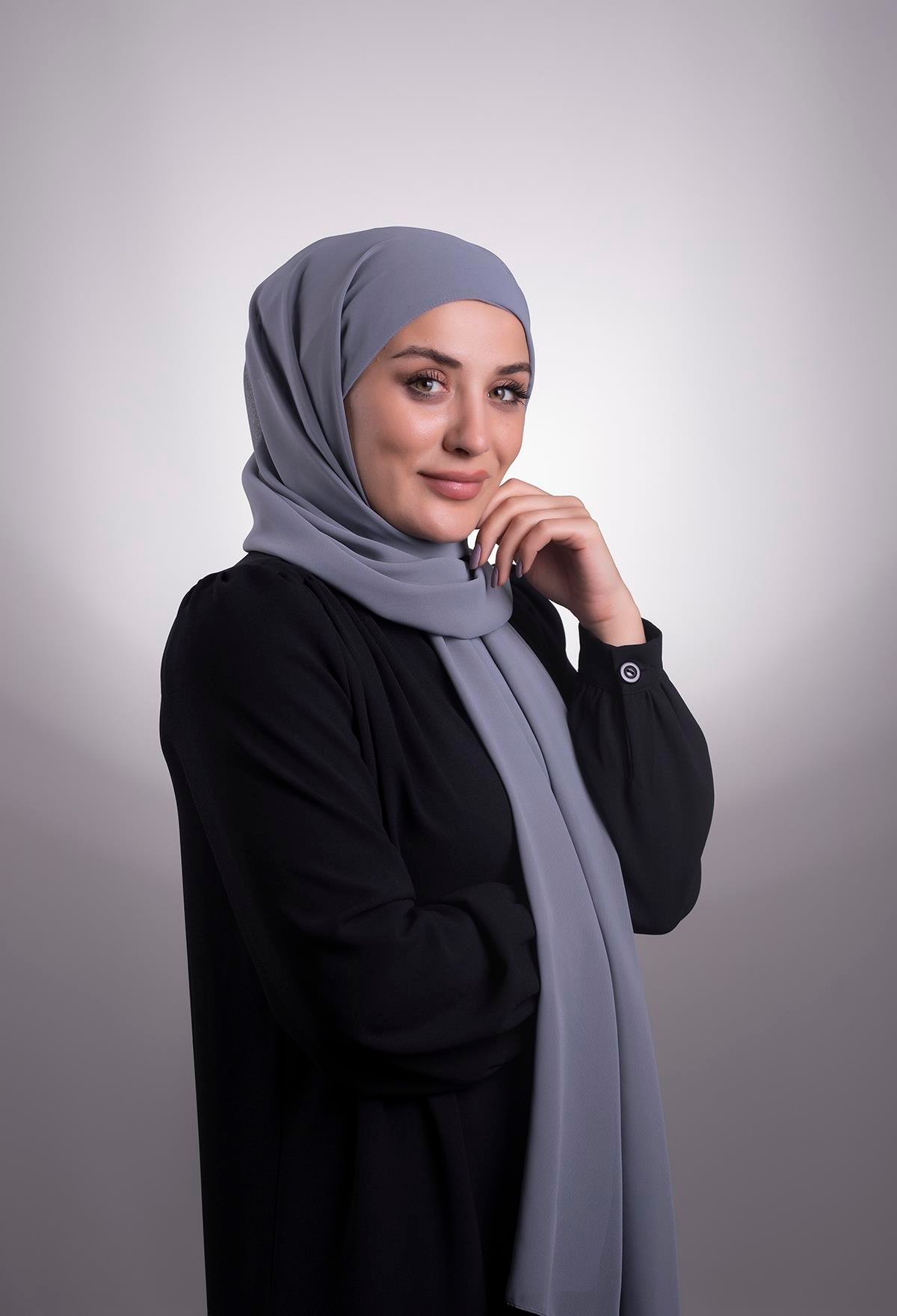 Koyu Gri Pratik Hazır Geçmeli Şal Şifon Boru Boneli 3001_23