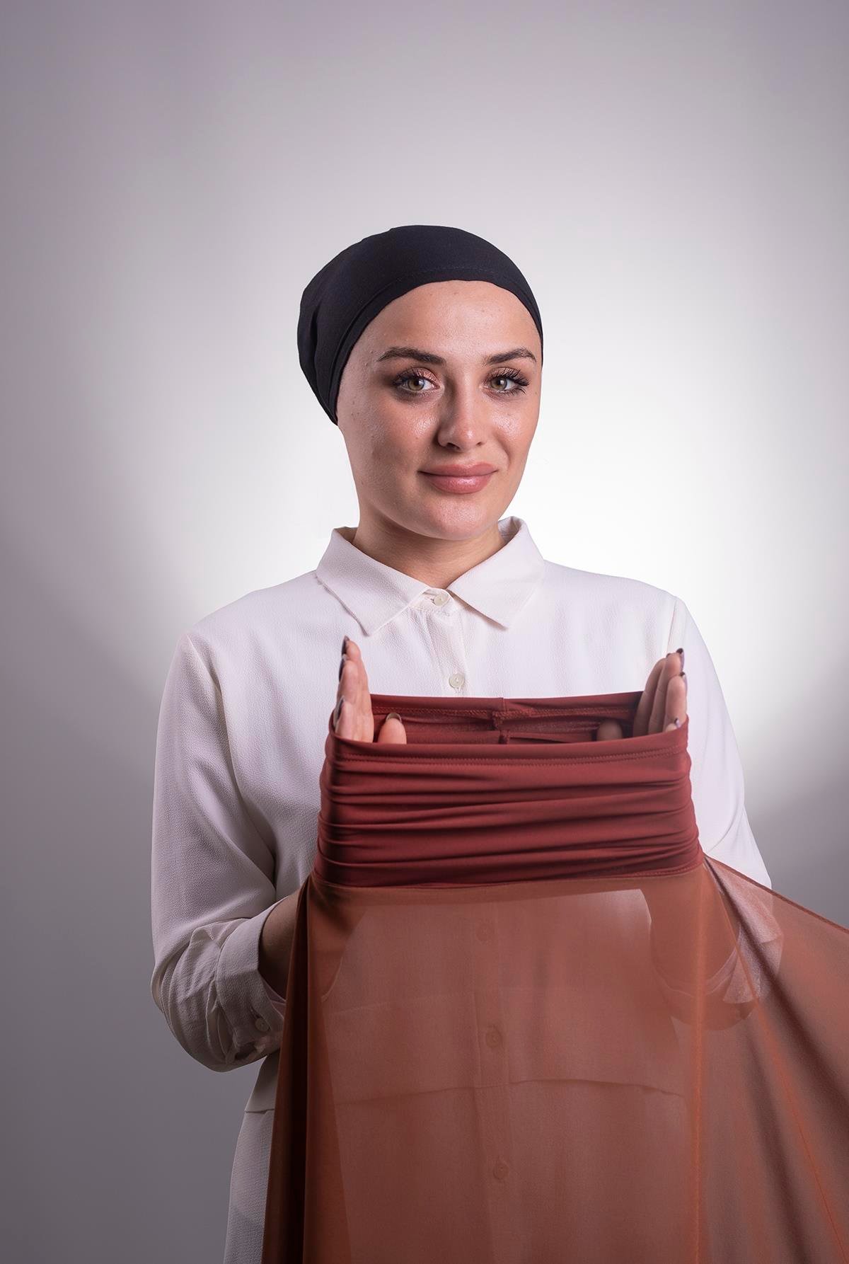Koyu Kiremit Pratik Hazır Geçmeli Şal Şifon Boru Boneli 3001_29