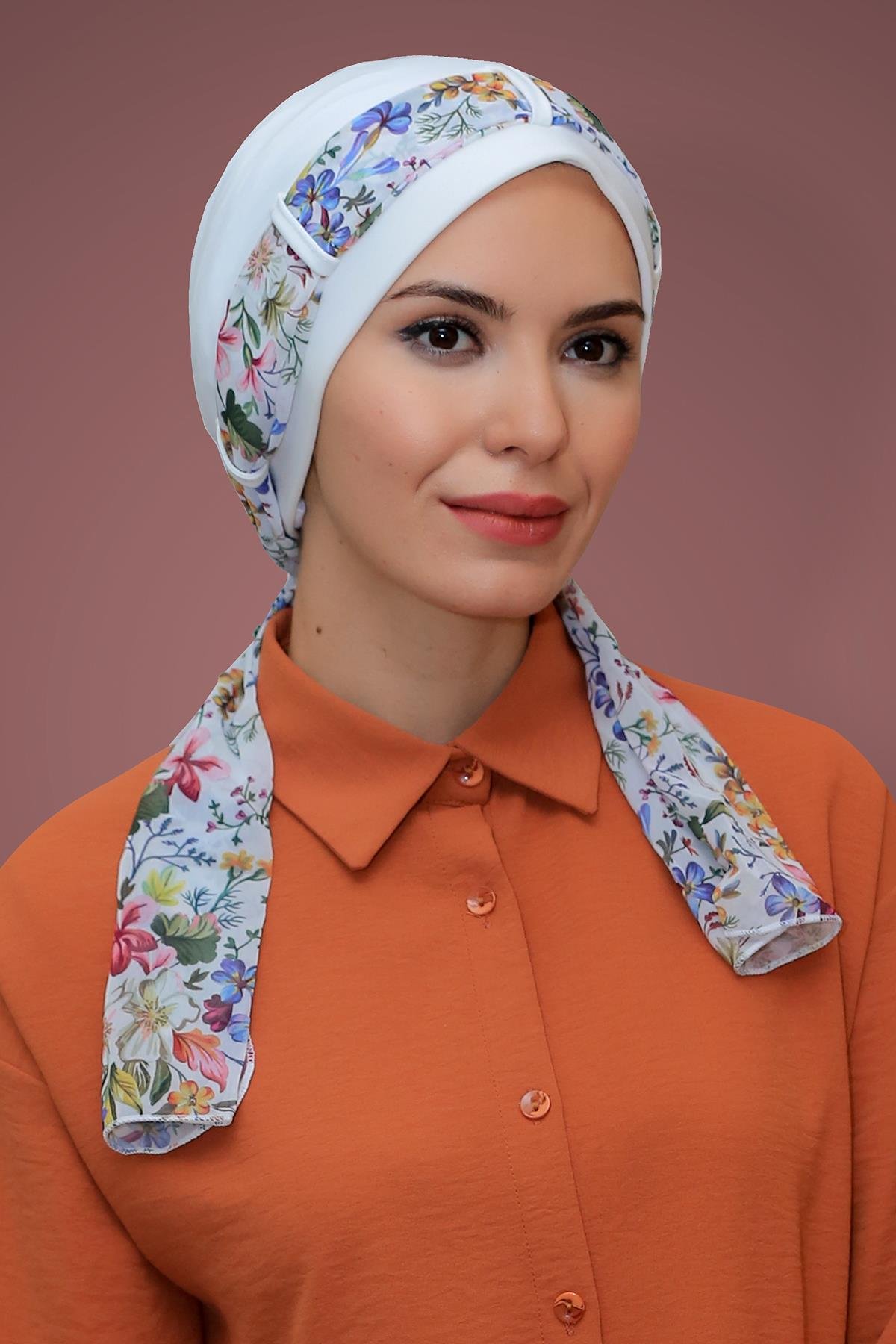 Krem Pratik Hazır Geçmeli Tesettür Bone Sandy Kumaş Desenli Şifon Kemerli 1205D_40