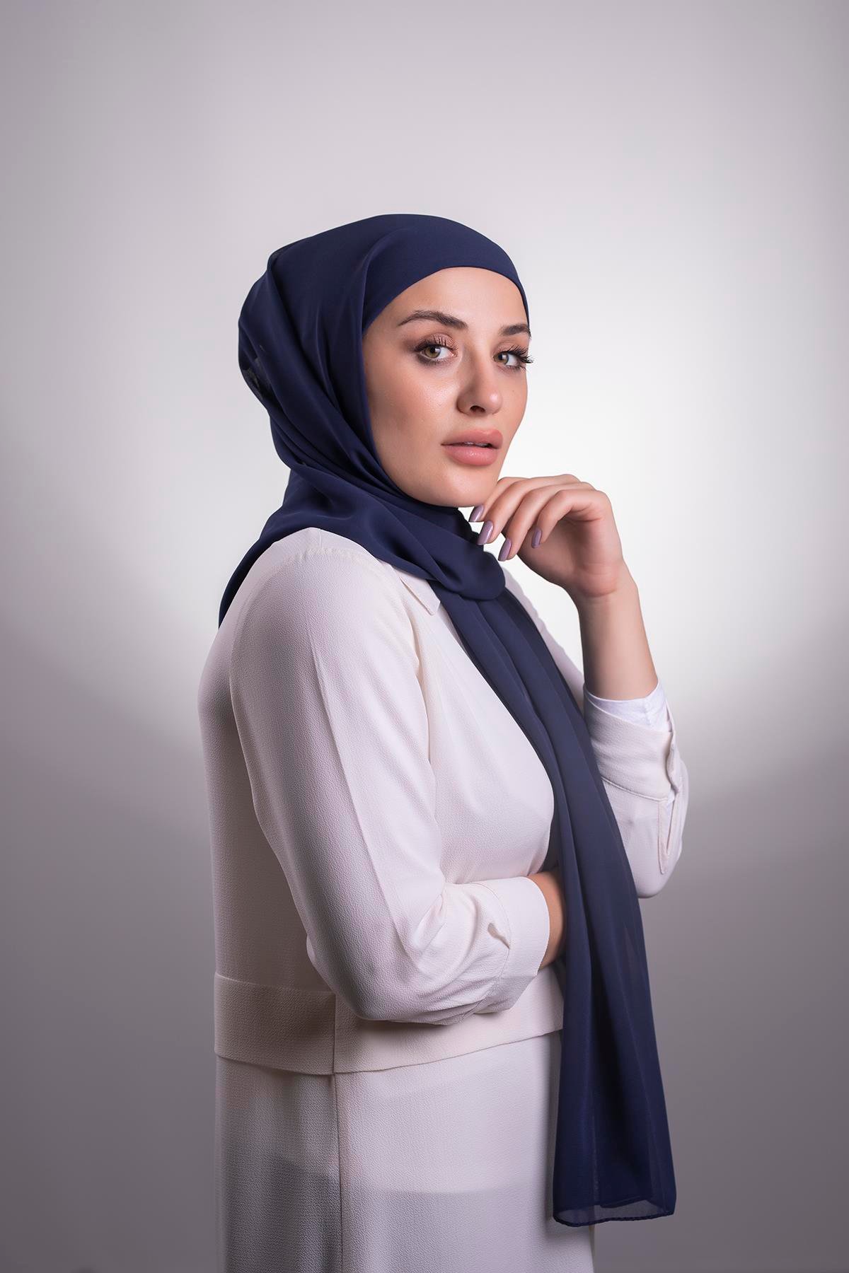 Lacivert Pratik Hazır Geçmeli Şal Şifon Boru Boneli 3001_02