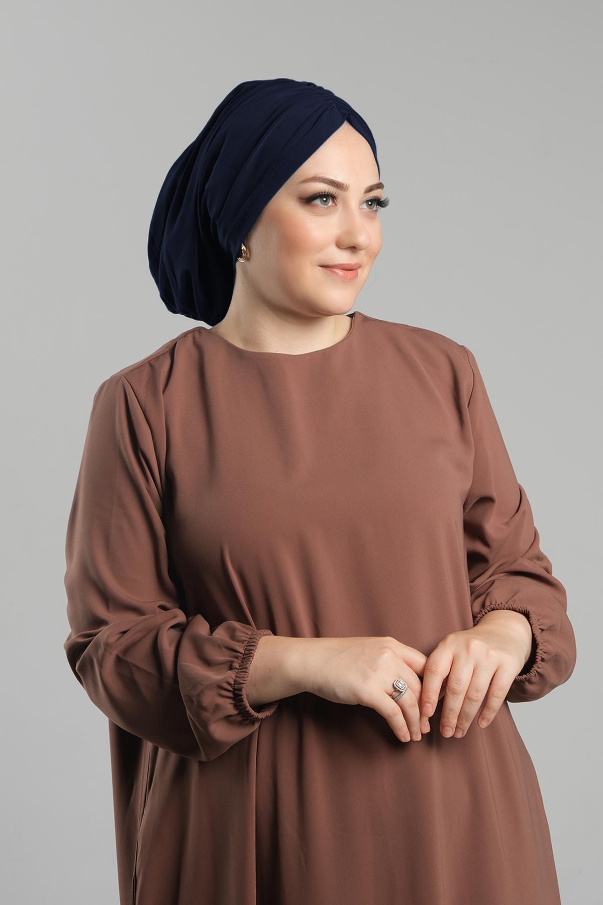 Lacivert Pratik Hazır Geçmeli Tesettür Bone Sandy Büzgülü Salaş 2119_02