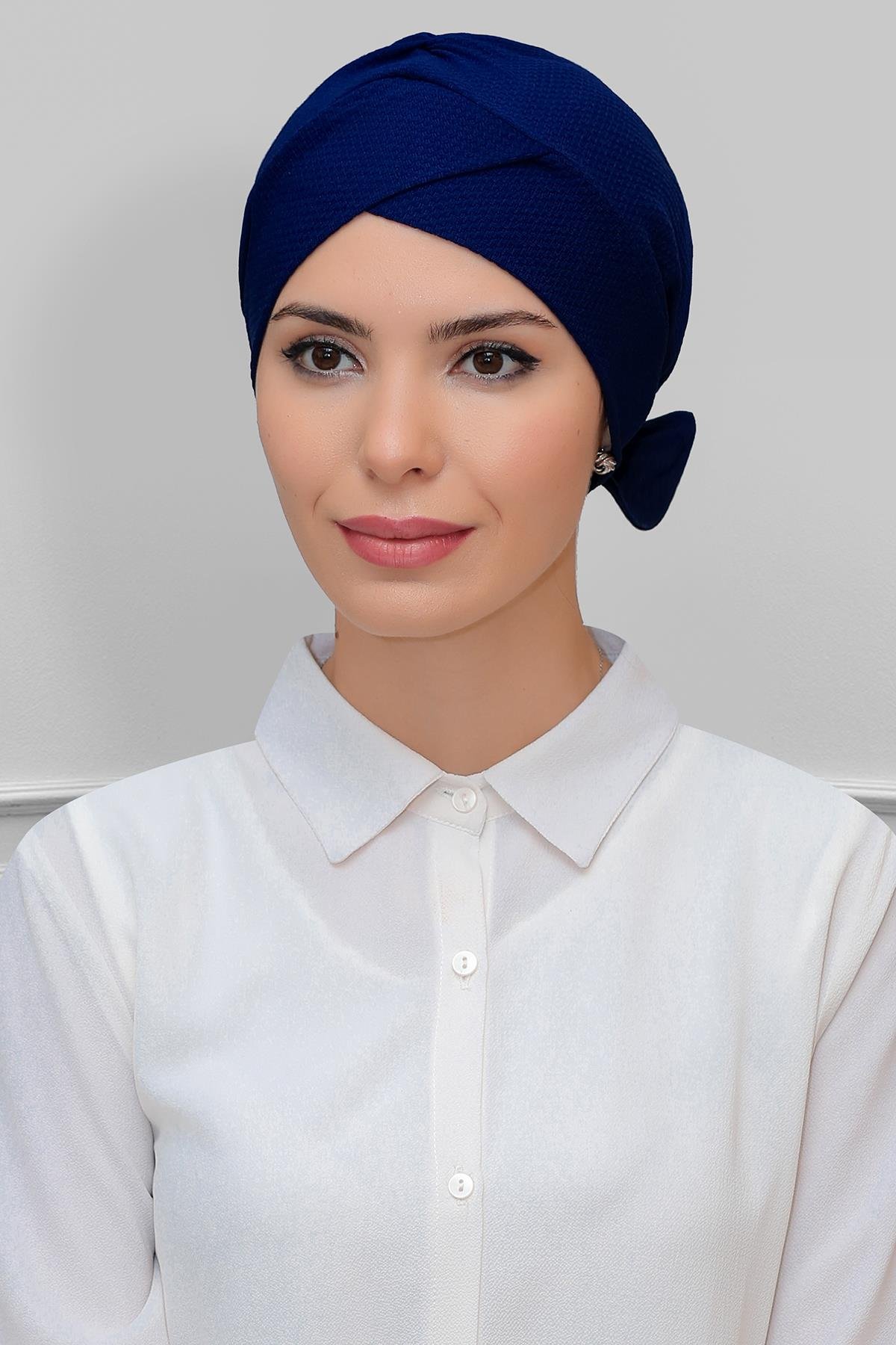 Lacivert Pratik Hazır Geçmeli Tesettür Bone Petekli Fiyonklu Çift Taraflı Tek Çapraz 1865_02
