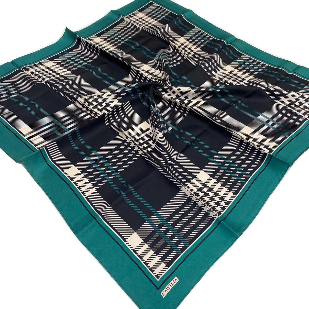 L'awilia Black Emerald Green Plaid Pattern Twill Silk Scarf 29035-52