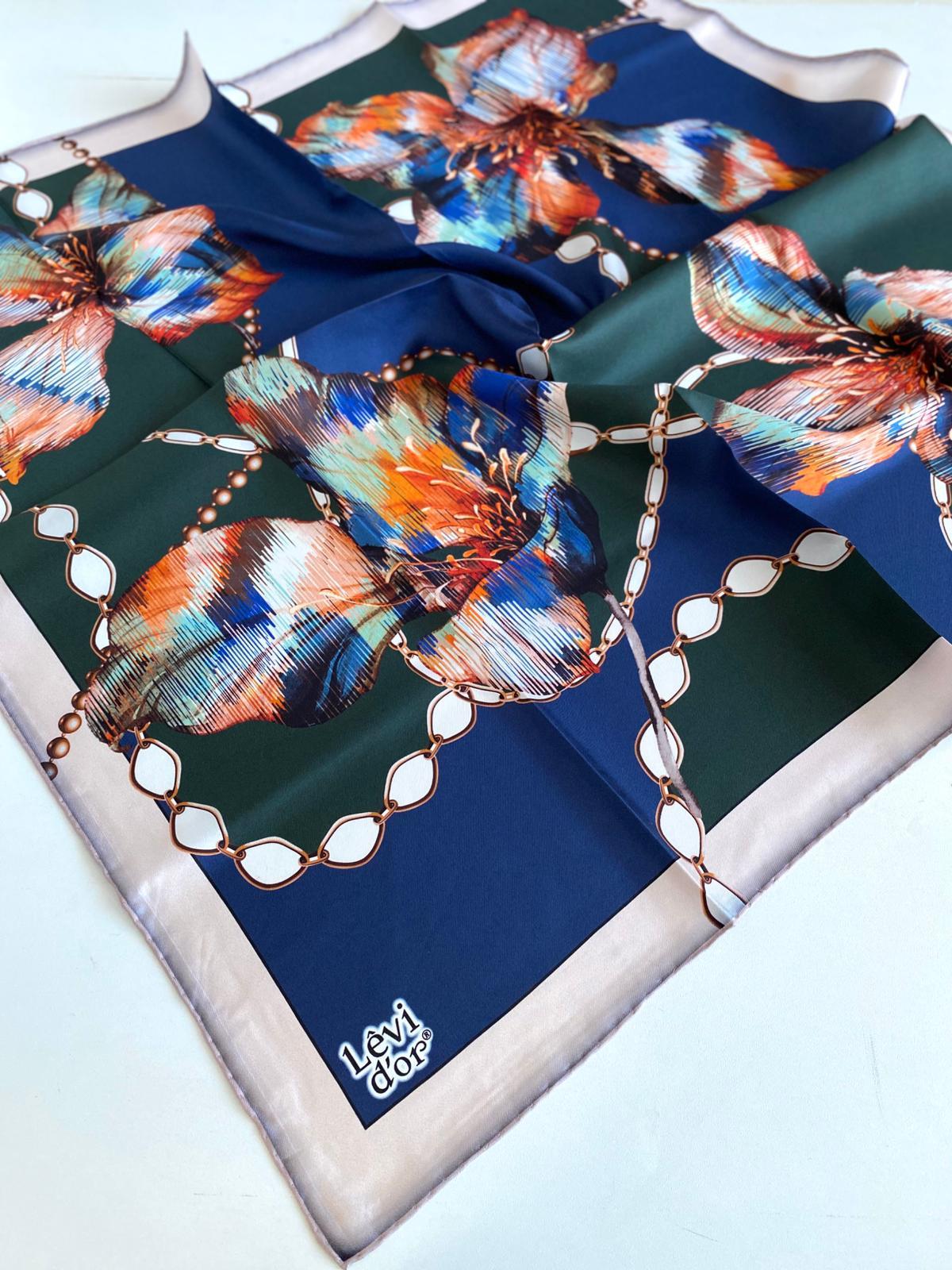 Levidor Silk Twill Scarf 46978 Navy Blue Mixed Pattern