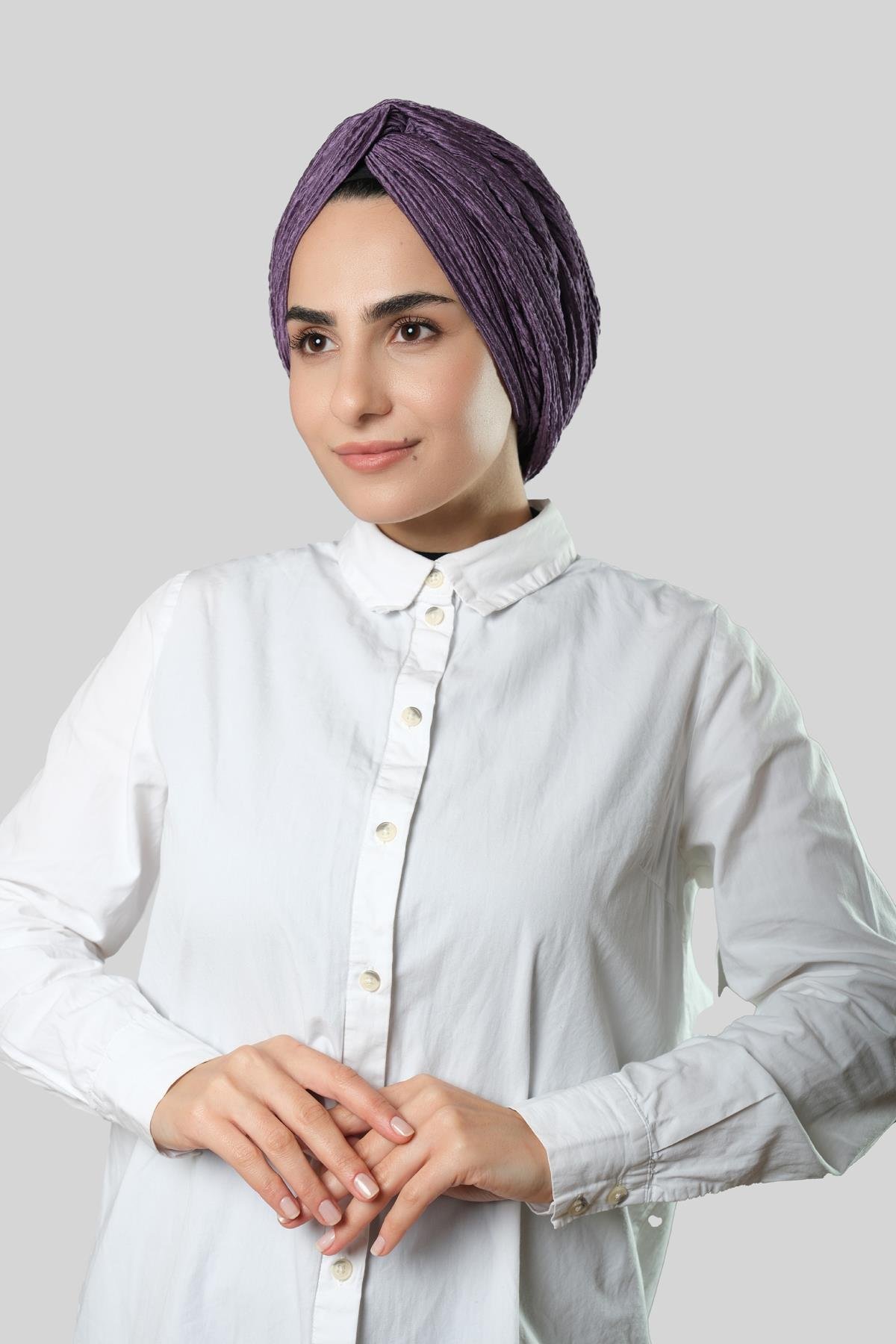 Mor Çapraz Büzgülü Piliseli Tesettür Bone Fukuro Kendinden Desenli 2316_22
