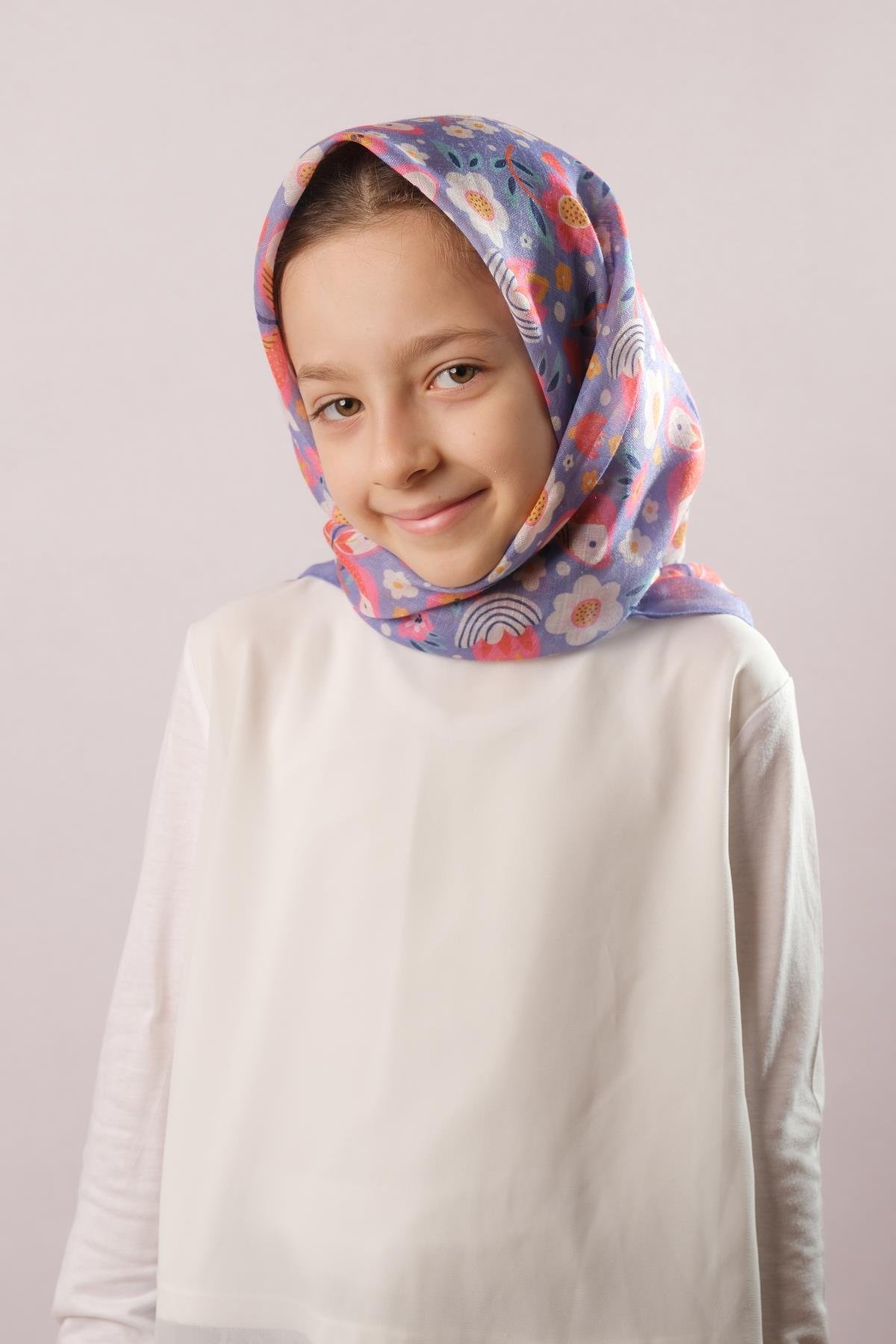 Mor Dijital Baskılı Çocuk Tesettür Eşarp Pamuk Polyester Kelebek Desenli 6003_22