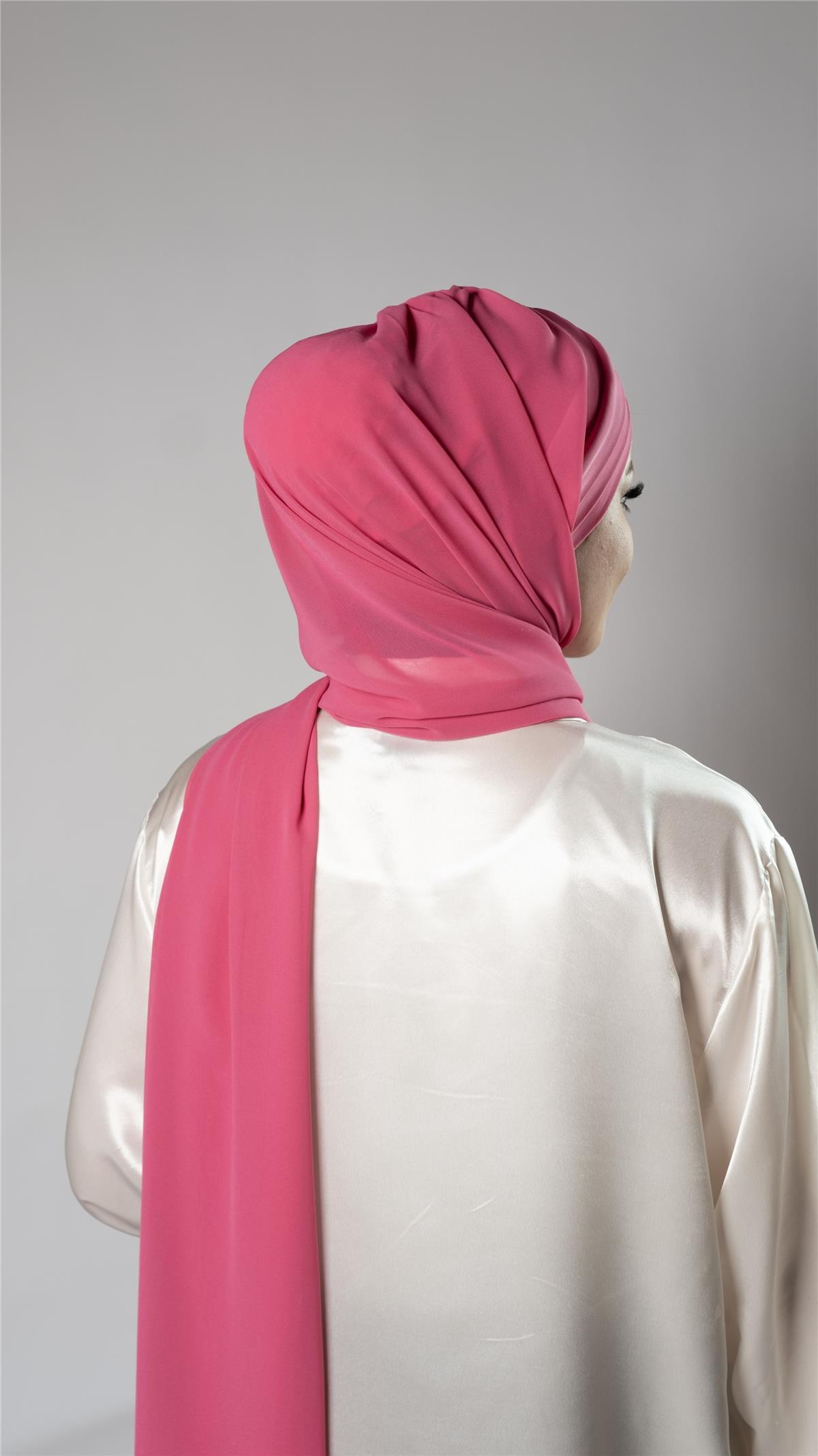 Pembe Pratik Hazır Geçmeli Bone Şal Şifon Kumaş Kendinden Boneli Üç Bantlı 1451_04