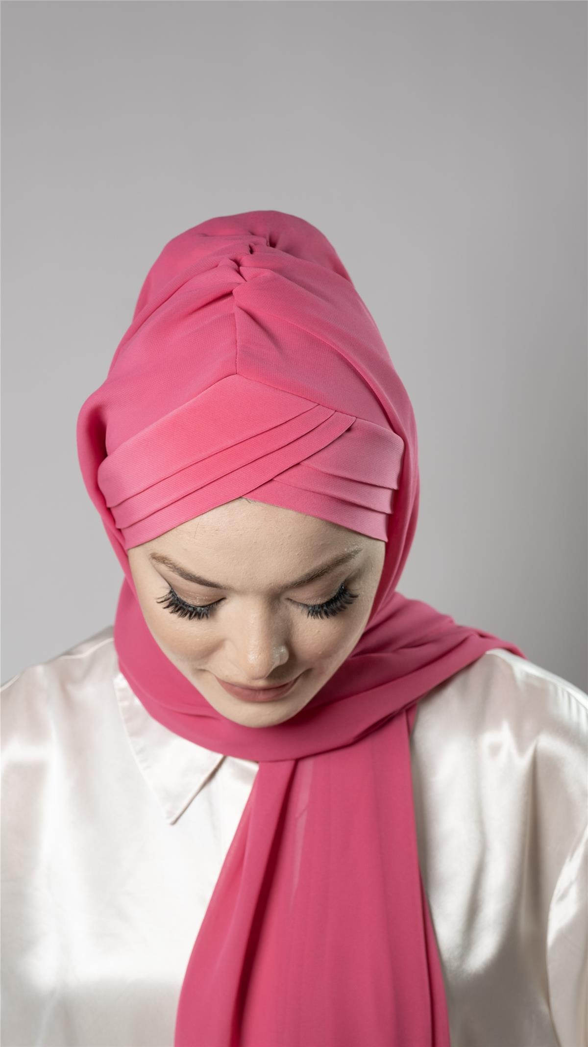 Pembe Pratik Hazır Geçmeli Bone Şal Şifon Kumaş Kendinden Boneli Üç Bantlı 1451_04