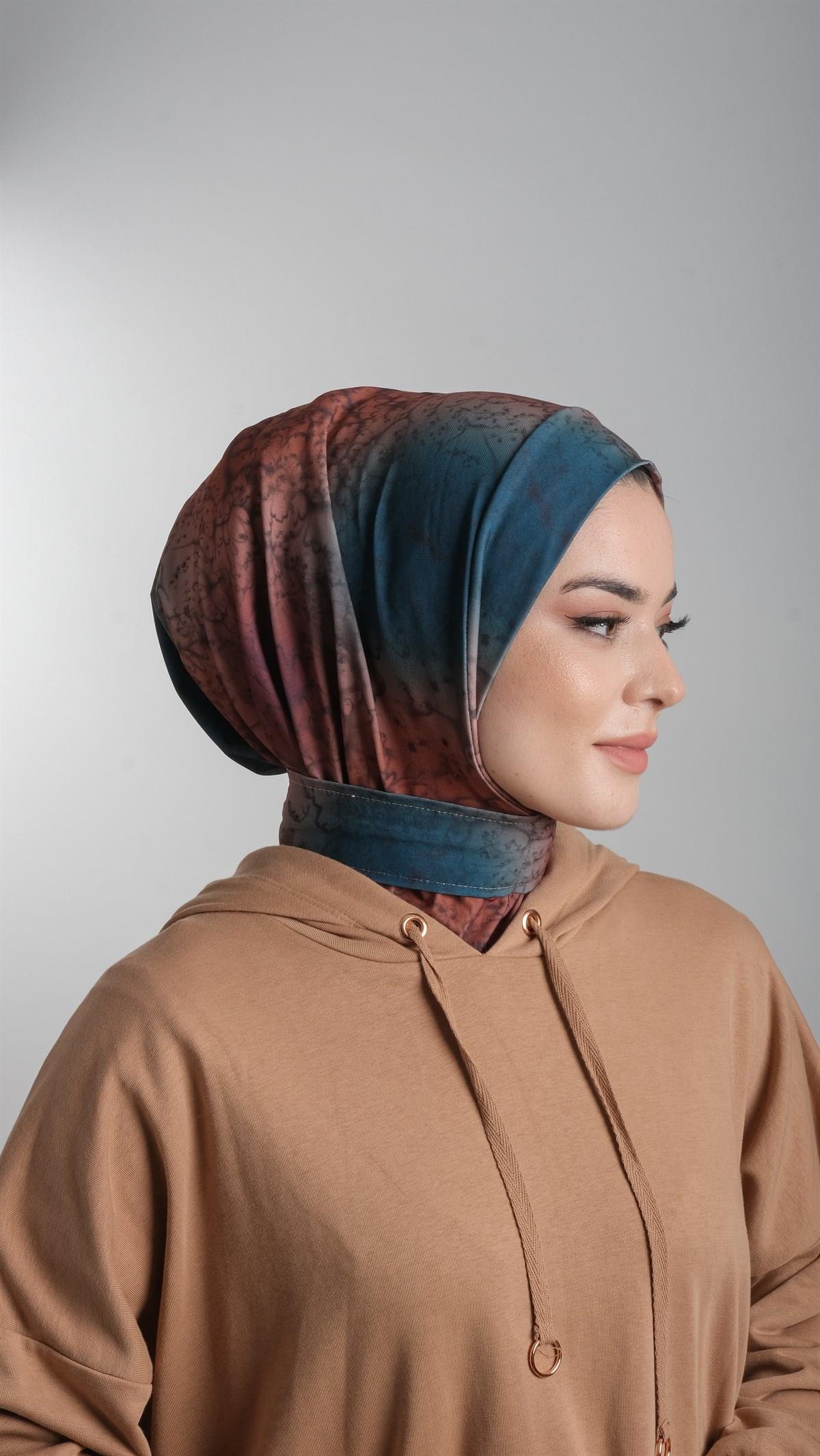 Petrol Mavisi Pratik Hazır Geçmeli Tesettür Bone Sandy Kumaş Batik Desenli 2101D_17