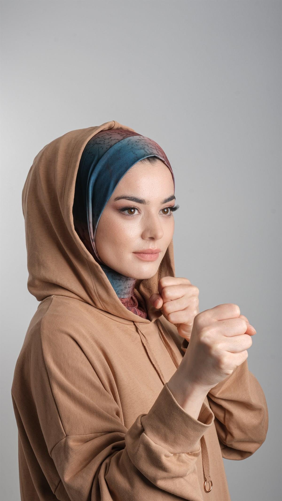 Petrol Mavisi Pratik Hazır Geçmeli Tesettür Bone Sandy Kumaş Batik Desenli 2101D_17