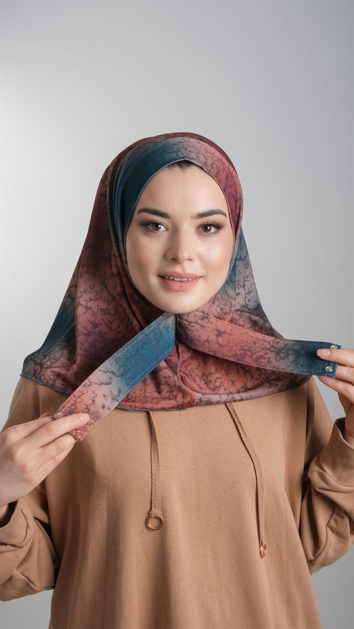 Petrol Mavisi Pratik Hazır Geçmeli Tesettür Bone Sandy Kumaş Batik Desenli 2101D_17
