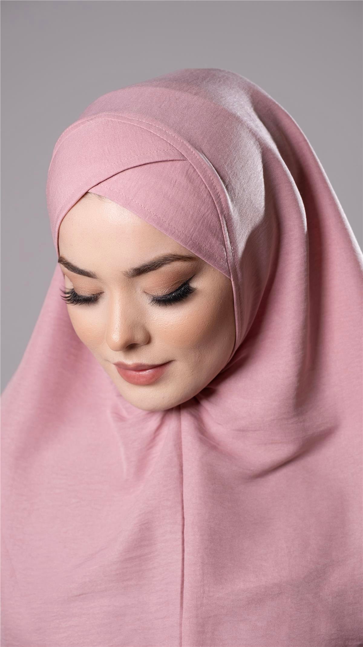 Pudra Pratik Hazır Geçmeli Tesettür Eşarp Pamuk Caz Kumaş Tek Katlı Çapraz Hijab 2305_06