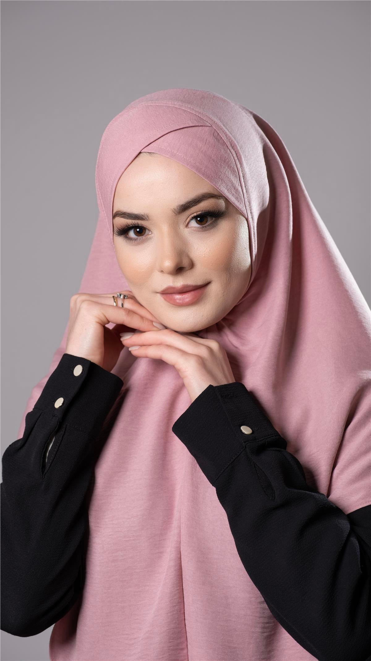 Pudra Pratik Hazır Geçmeli Tesettür Eşarp Pamuk Caz Kumaş Tek Katlı Çapraz Hijab 2305_06