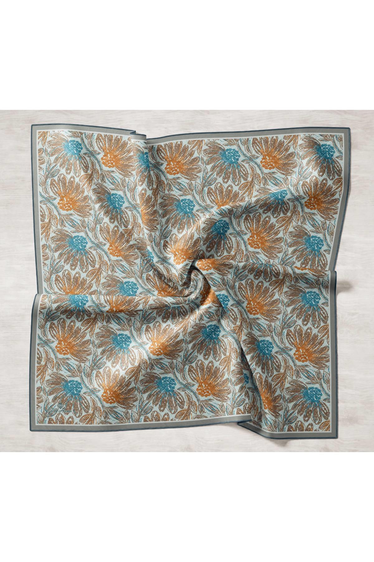 Silk Füme, Gri, Petrol Mavi, Koyu Vizon Geometrik Desenli Tivil İpek Eşarp IST11458-09
