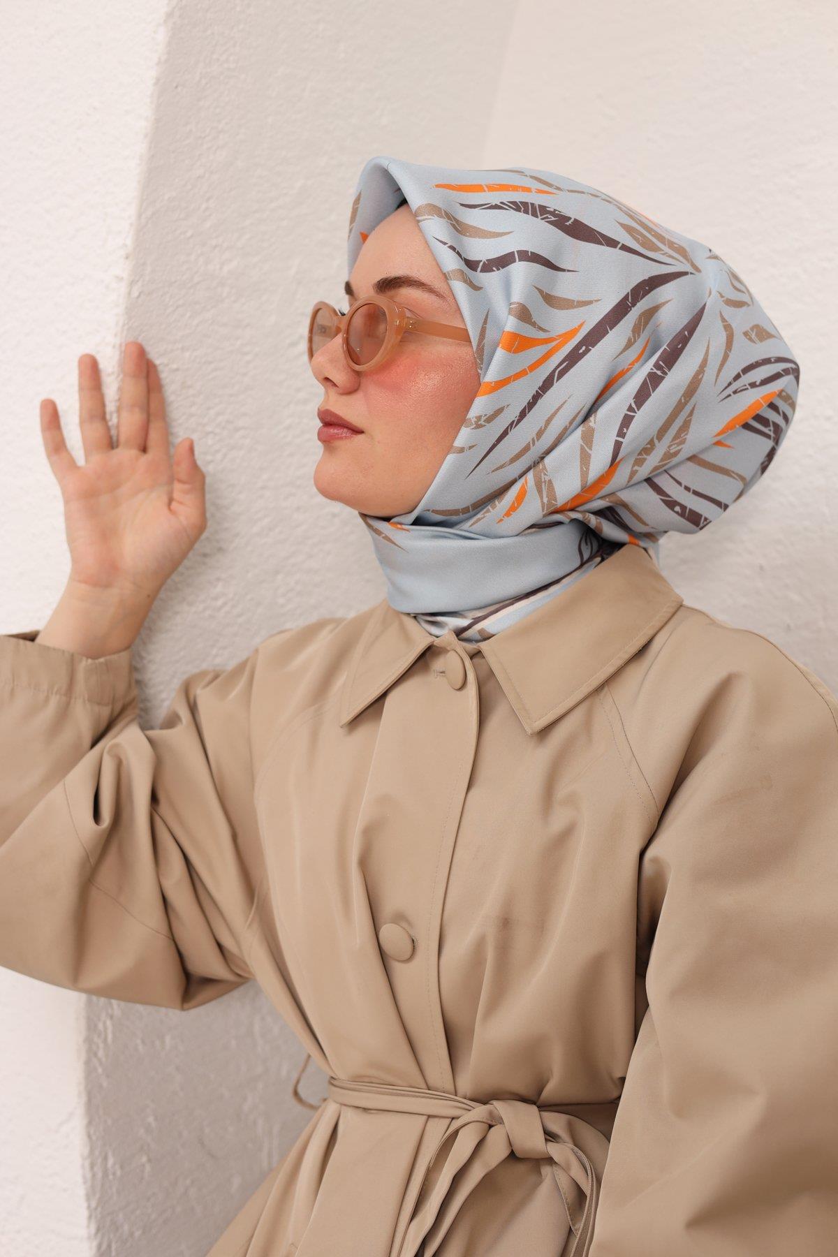 Silk Home Bebe Mavi, Duman, Turuncu, Vizon Geometrik Desen Tivil İpek Eşarp IST11432-14