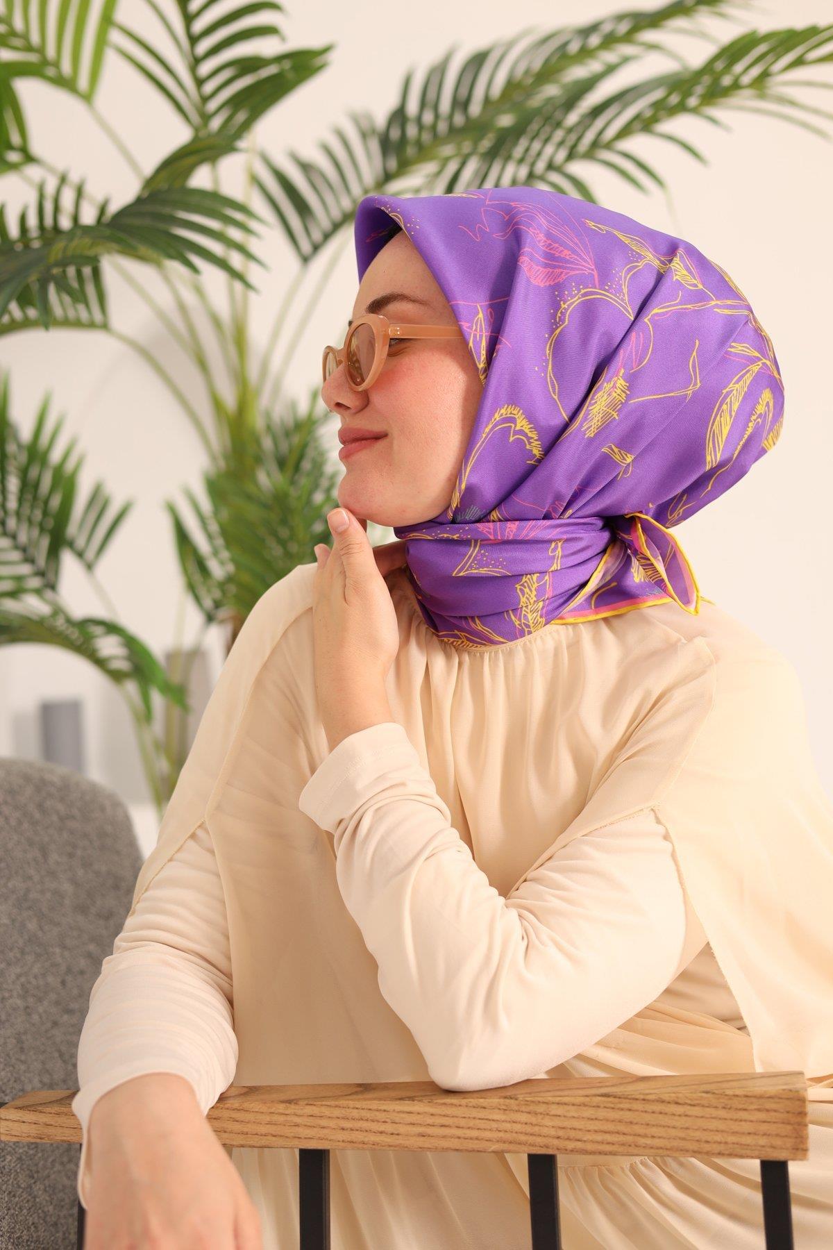 Silk Home Eflatun Sarı Desenli Tivil İpek Eşarp 11433-30