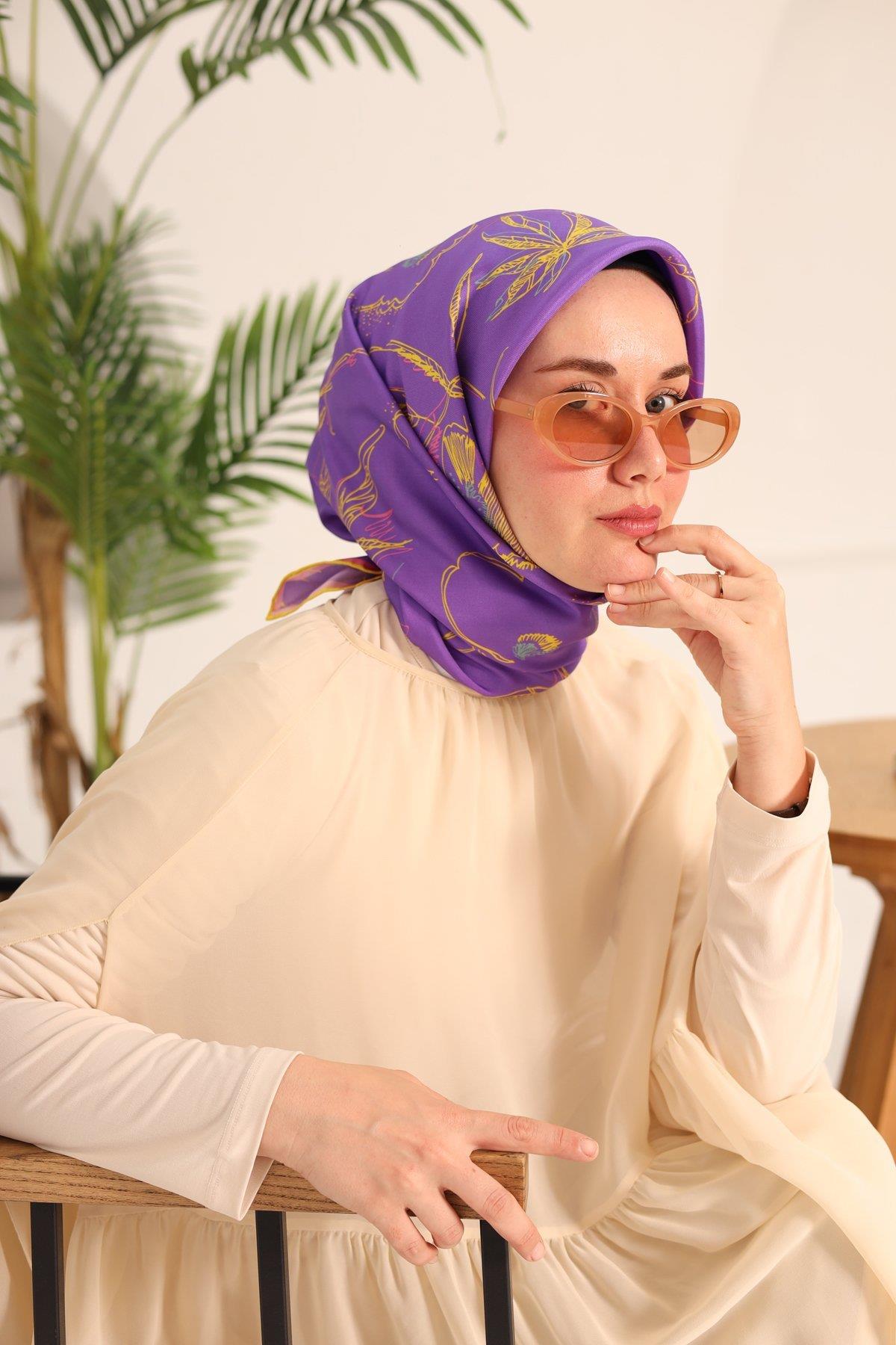 Silk Home Eflatun Sarı Desenli Tivil İpek Eşarp 11433-30