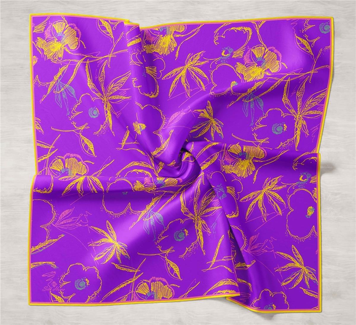 Silk Home Eflatun Sarı Desenli Tivil İpek Eşarp 11433-30