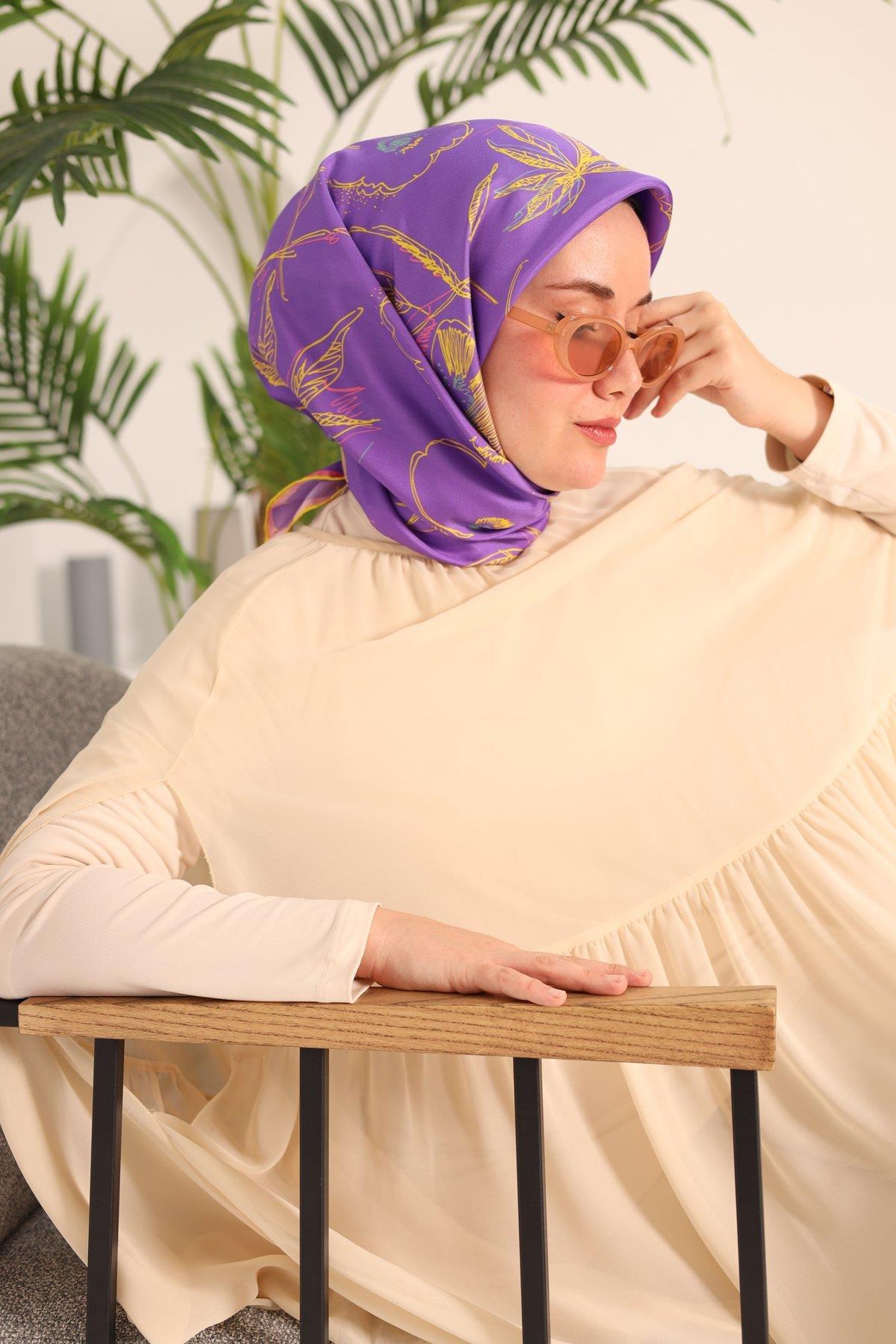 Silk Home Eflatun Sarı Desenli Tivil İpek Eşarp 11433-30