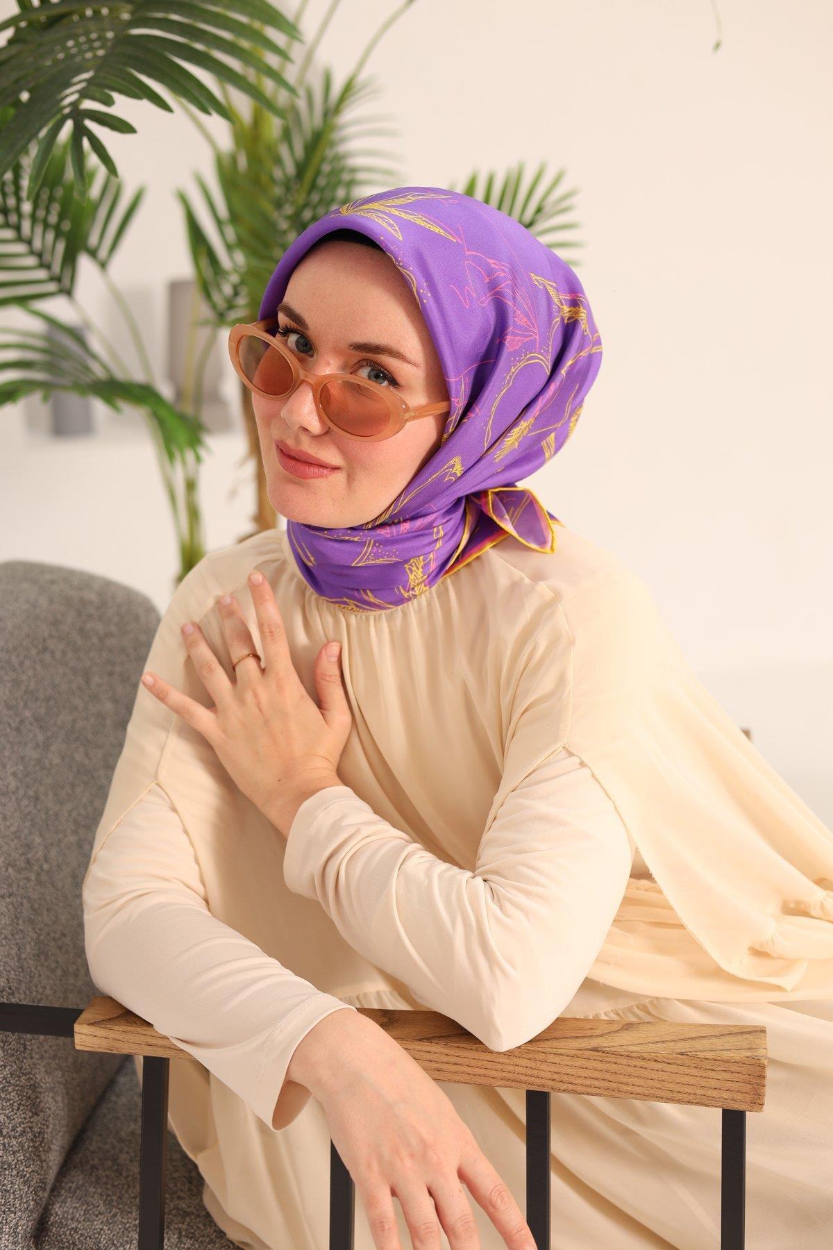 Silk Home Eflatun Sarı Desenli Tivil İpek Eşarp 11433-30