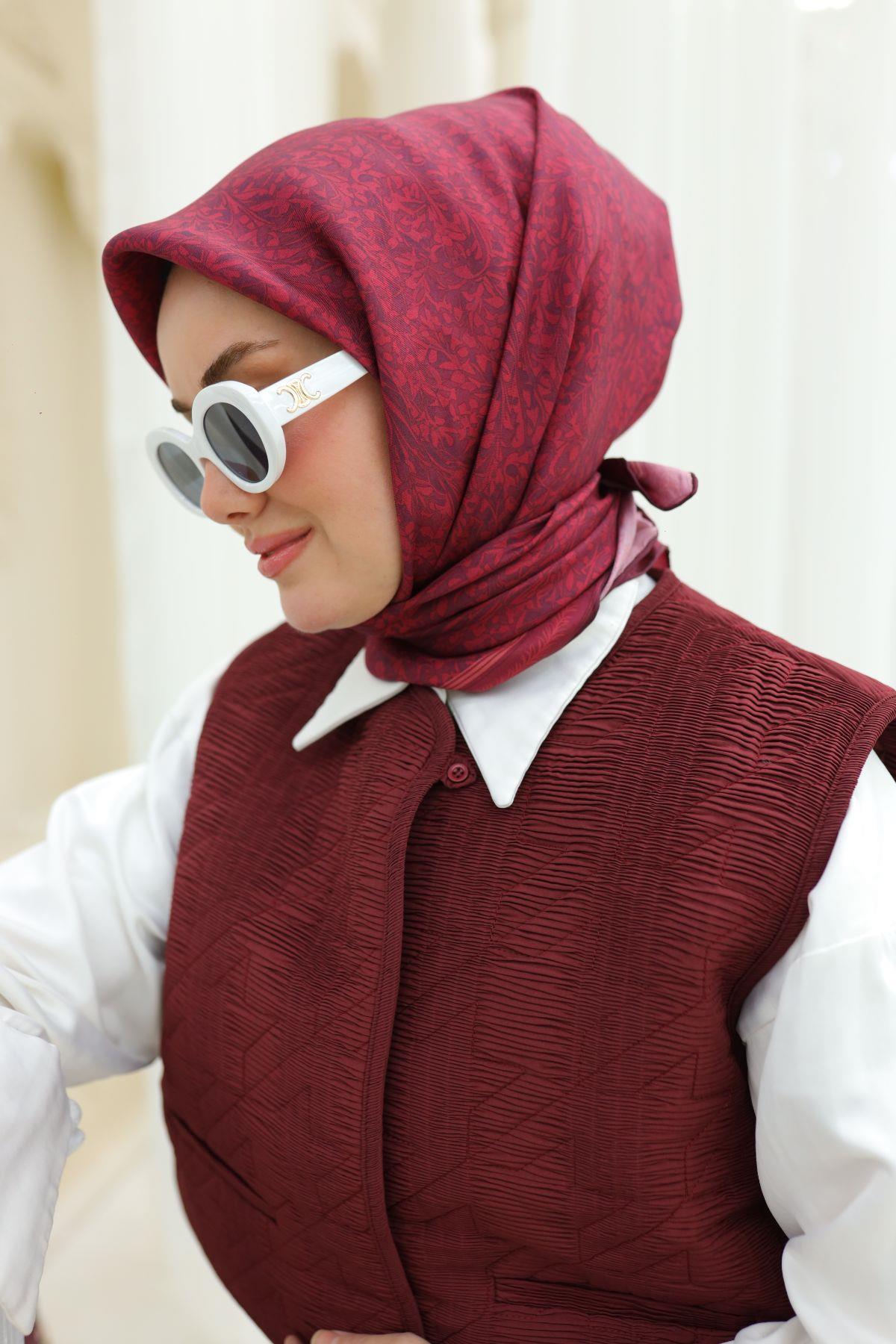 Silk Home Kiraz, Bordo Geometrik Desen Tivil İpek Eşarp IST11459-47