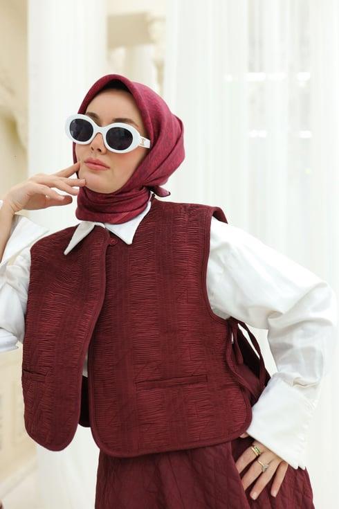 Silk Home Kiraz, Bordo Geometrik Desen Tivil İpek Eşarp IST11459-47