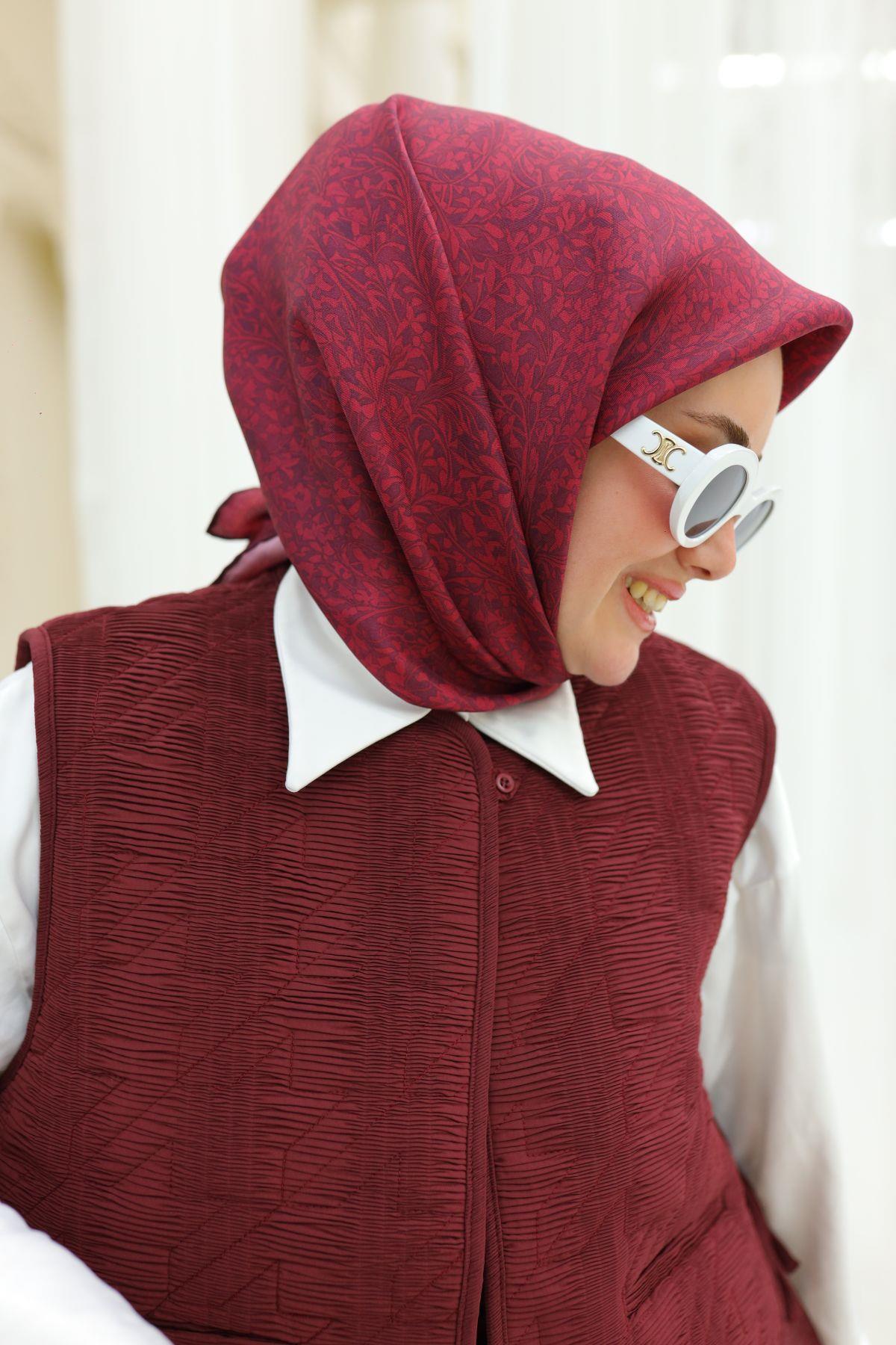 Silk Home Kiraz, Bordo Geometrik Desen Tivil İpek Eşarp IST11459-47