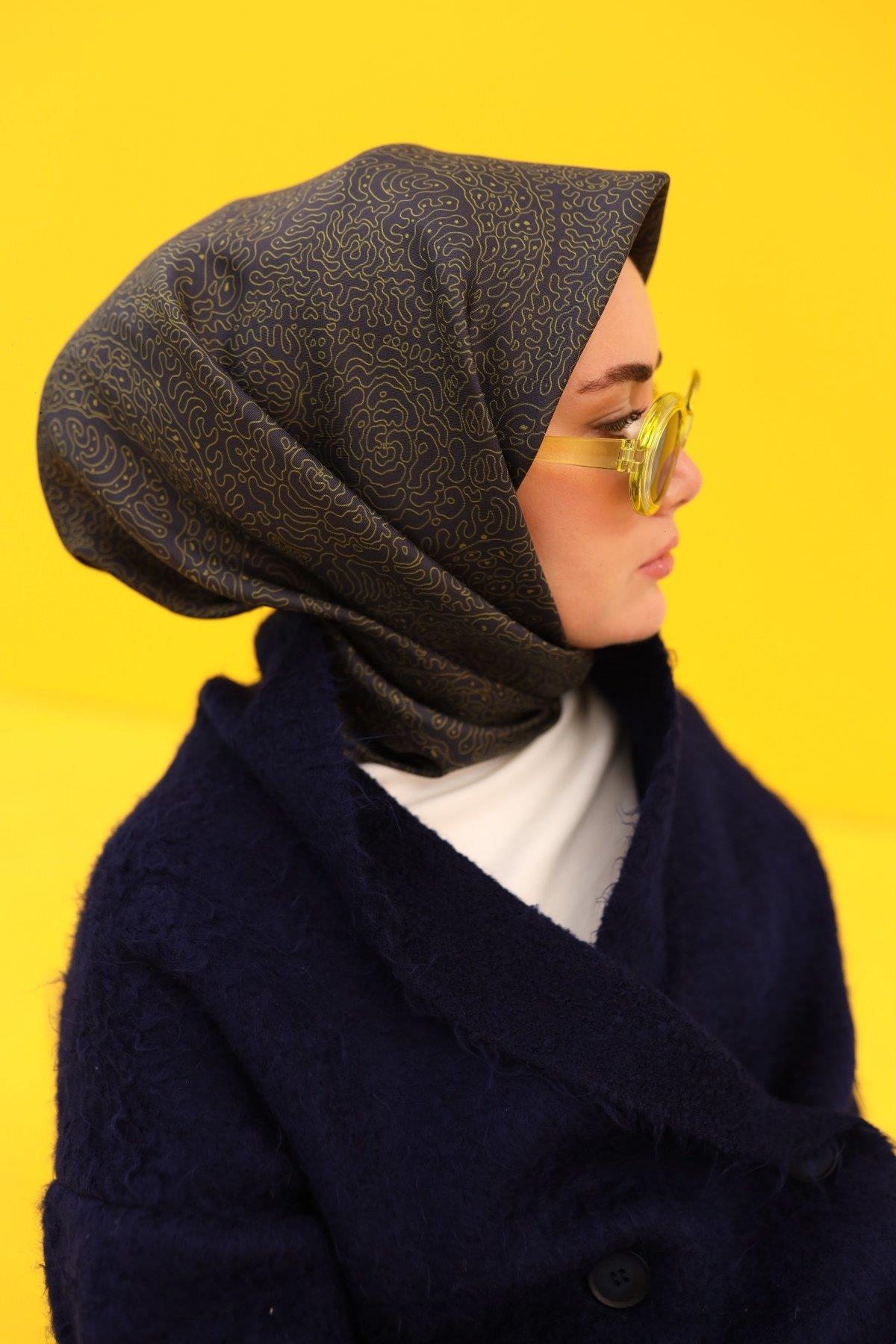 Silk Home Koyu Lacivert, Yağ Yeşili Geometrik Desenli Tivil İpek Eşarp IST11450-07