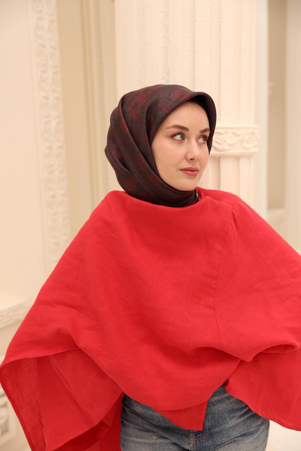 Silk Home Koyu Yeşil, Gök Mavi, Mercan, Beyaz Geometrik Desen Tivil İpek Eşarp IST11464-25