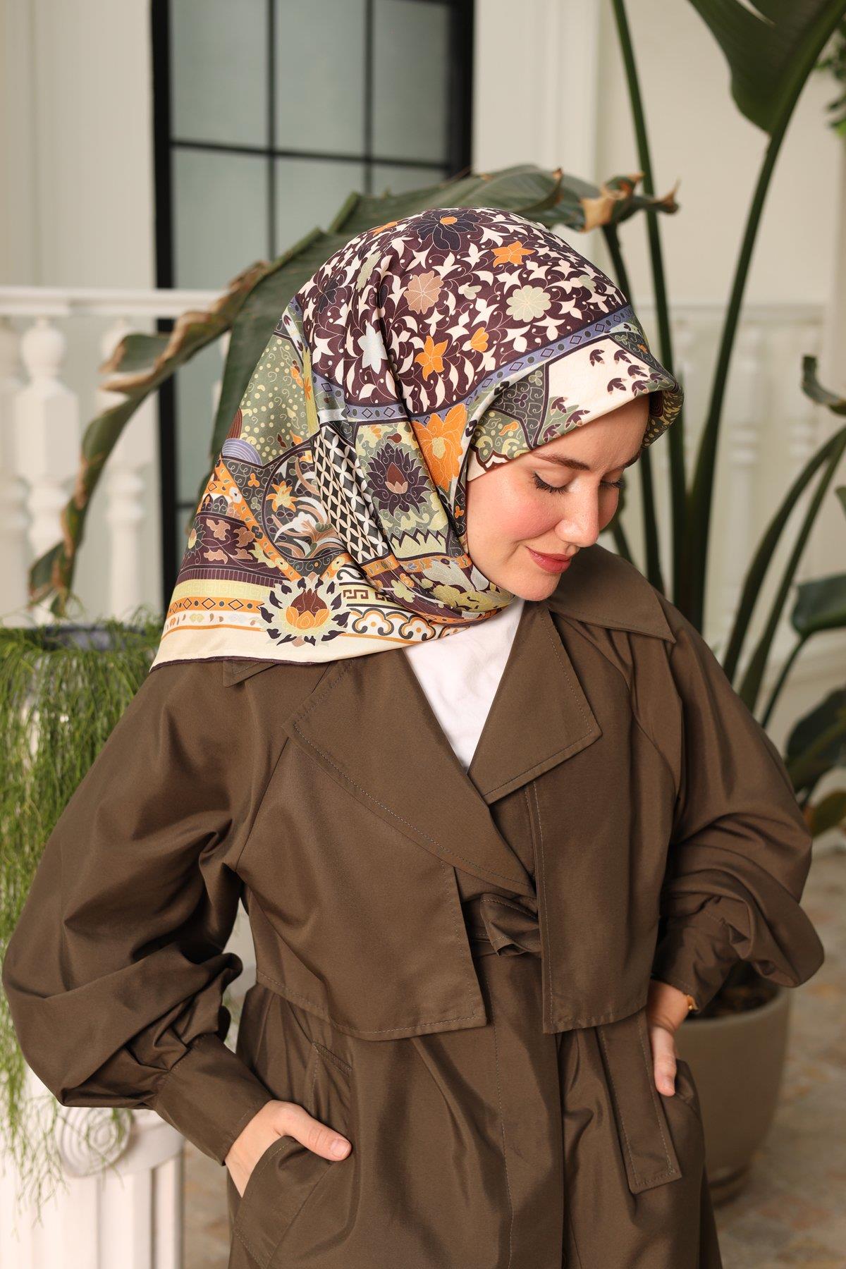 Silk Home Mürdüm, Taş, Yeşil, Kahverengi, Mavi Geometrik Desenli Tivil İpek Eşarp IST11431-29