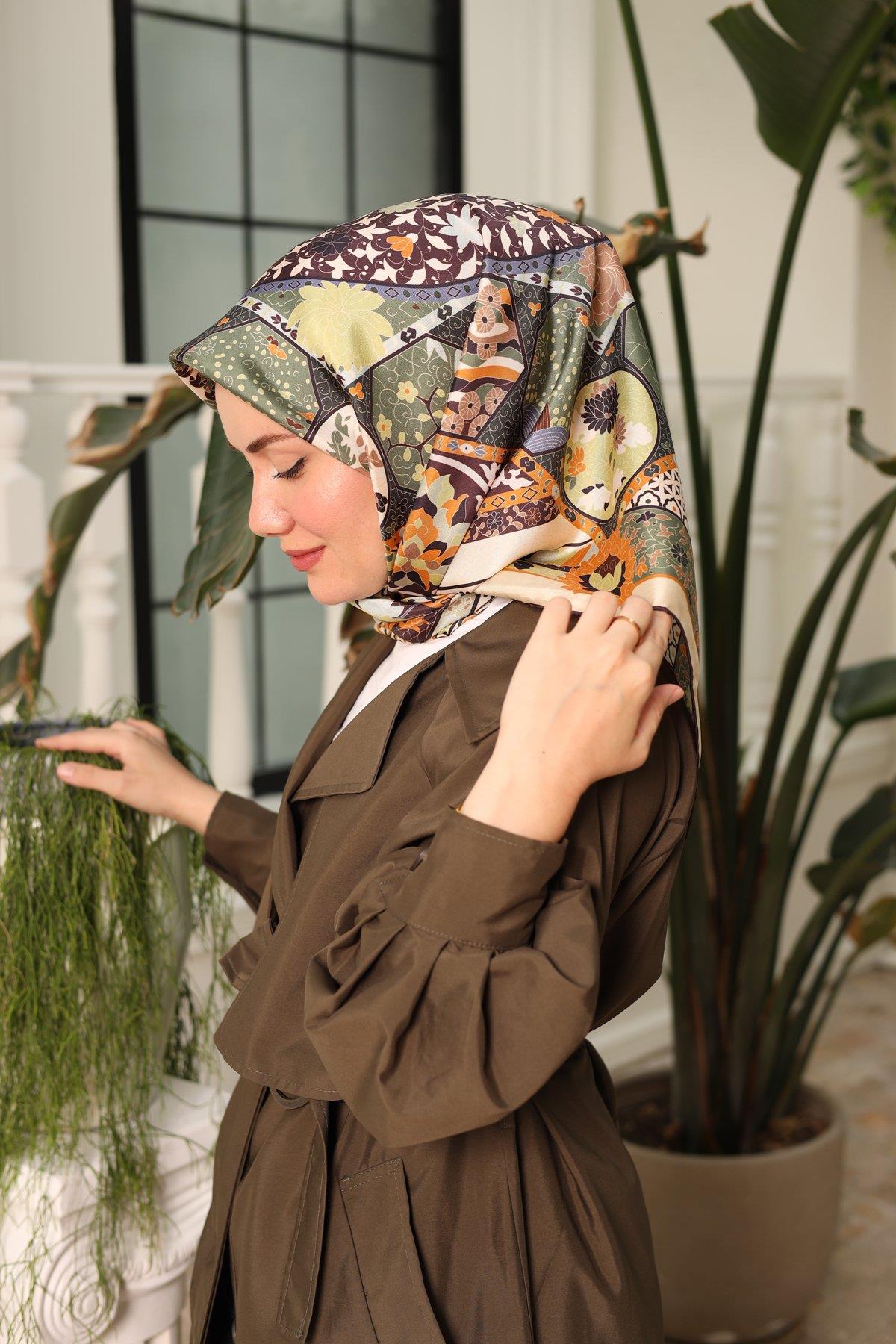 Silk Home Mürdüm, Taş, Yeşil, Kahverengi, Mavi Geometrik Desenli Tivil İpek Eşarp IST11431-29