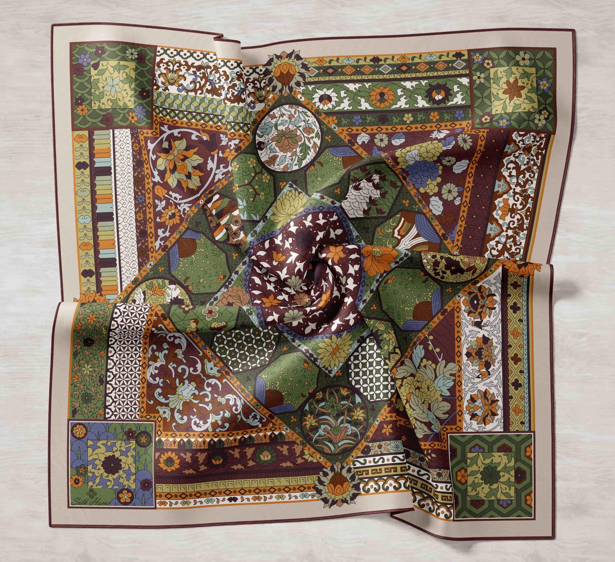 Silk Home Mürdüm, Taş, Yeşil, Kahverengi, Mavi Geometrik Desenli Tivil İpek Eşarp IST11431-29
