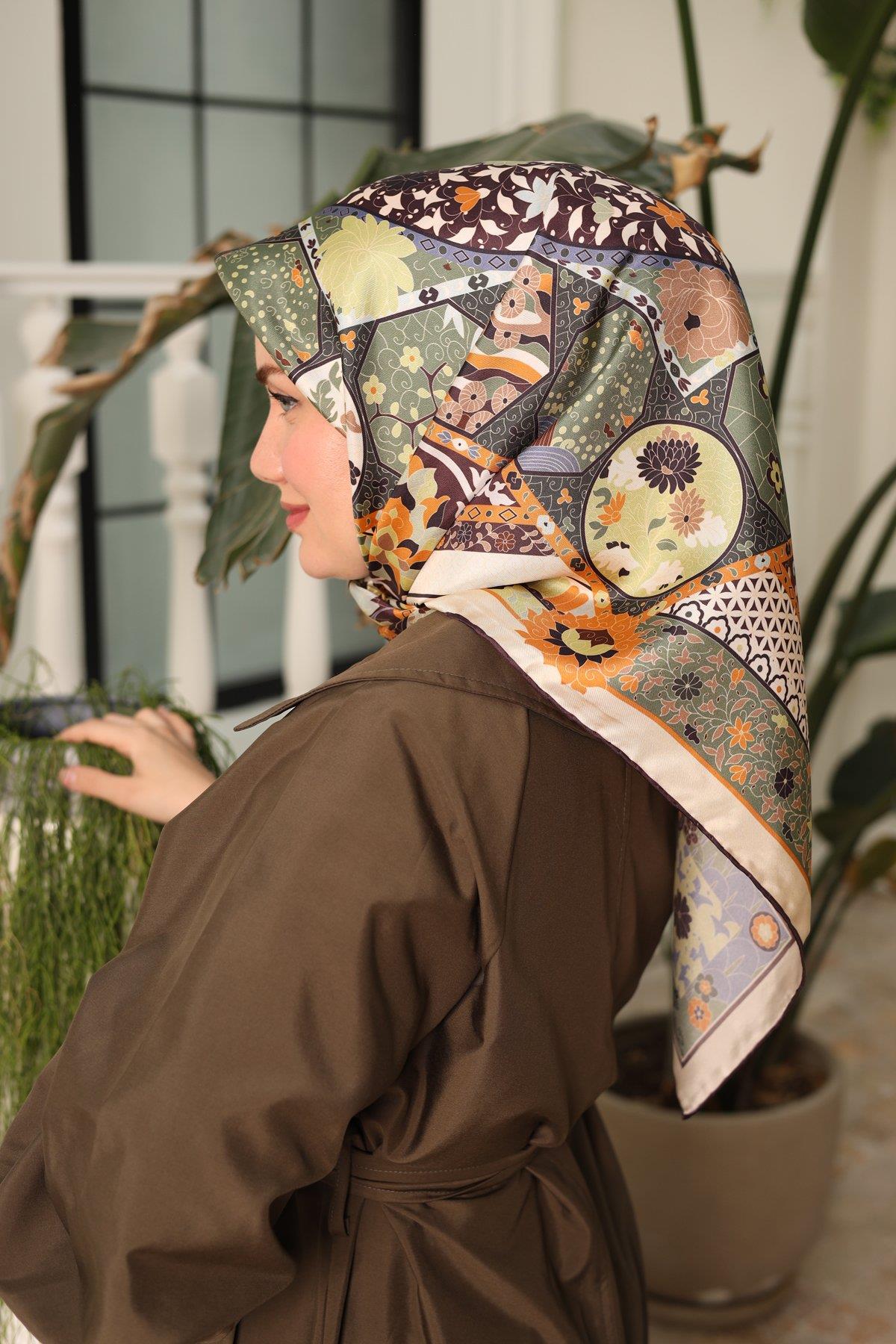 Silk Home Mürdüm, Taş, Yeşil, Kahverengi, Mavi Geometrik Desenli Tivil İpek Eşarp IST11431-29