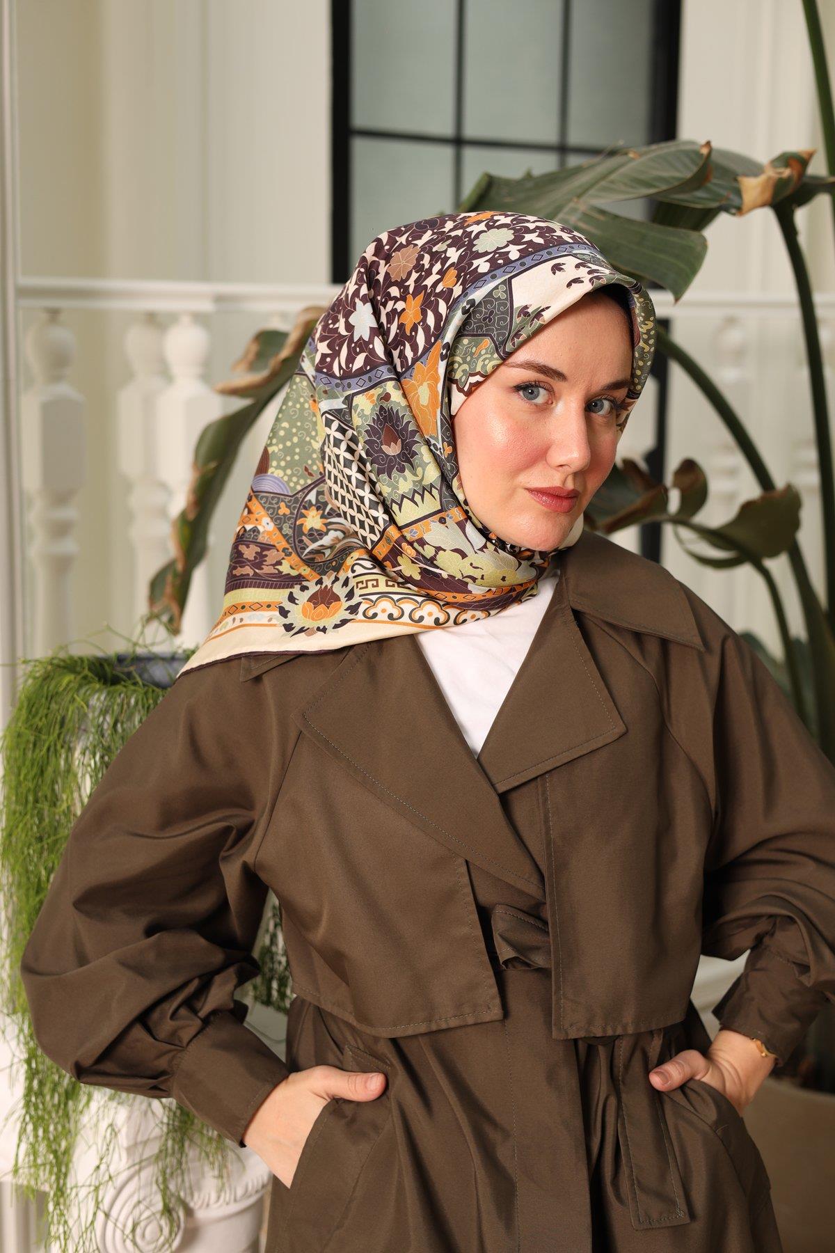 Silk Home Mürdüm, Taş, Yeşil, Kahverengi, Mavi Geometrik Desenli Tivil İpek Eşarp IST11431-29