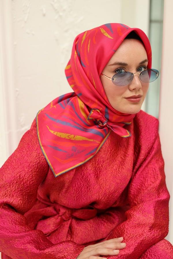Silk Home Pembe Turuncu Desenli Tivil İpek Eşarp 11432-54