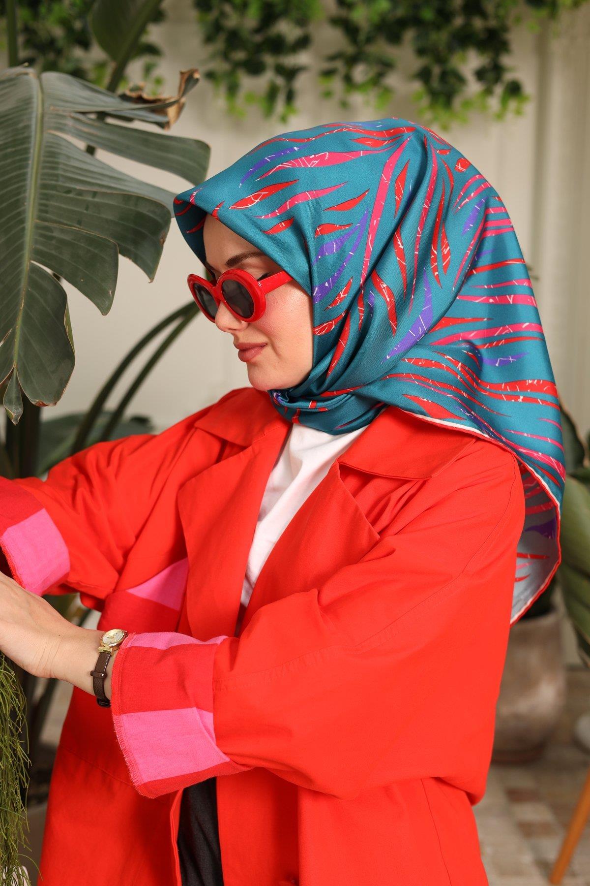 Silk Home Petrol Yeşili Pembe Desenli Tivil İpek Eşarp 11432-59