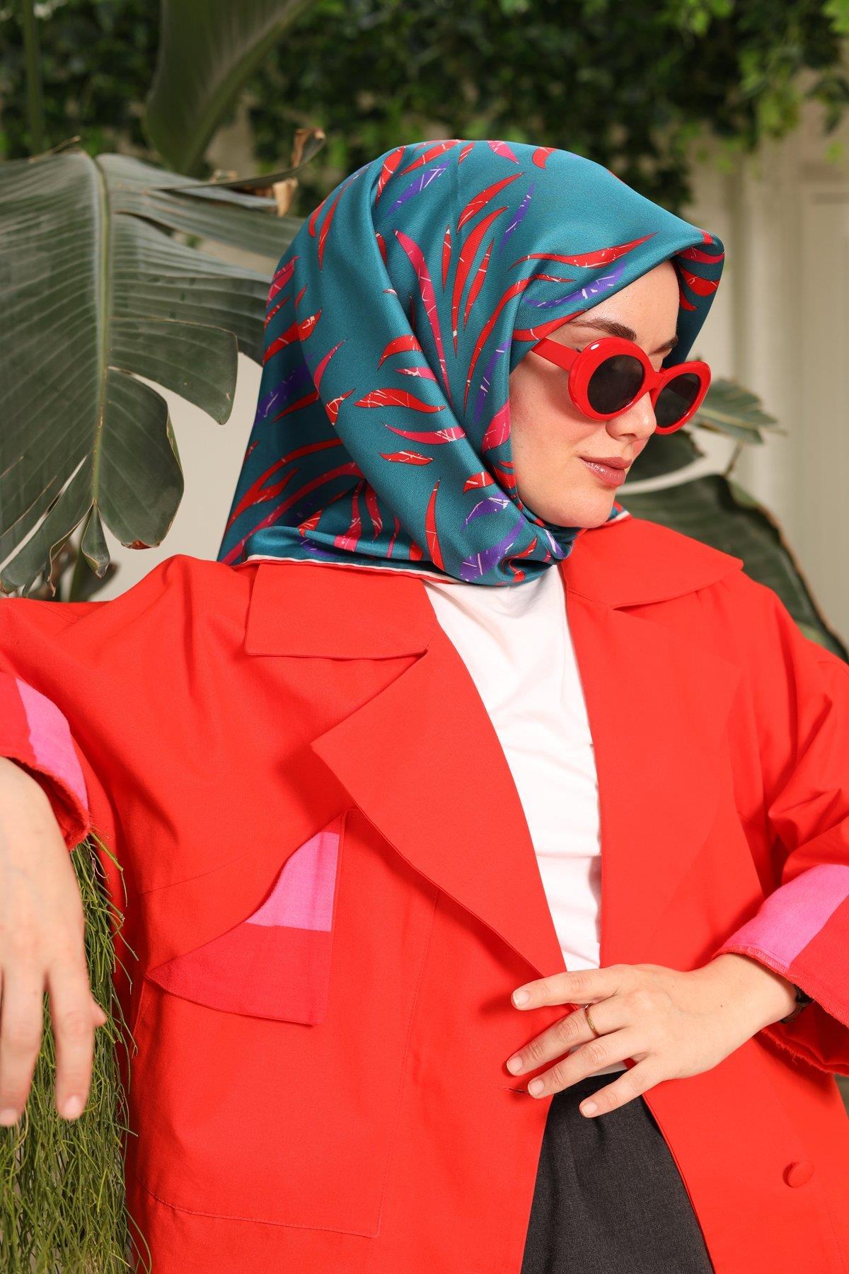 Silk Home Petrol Yeşili Pembe Desenli Tivil İpek Eşarp 11432-59
