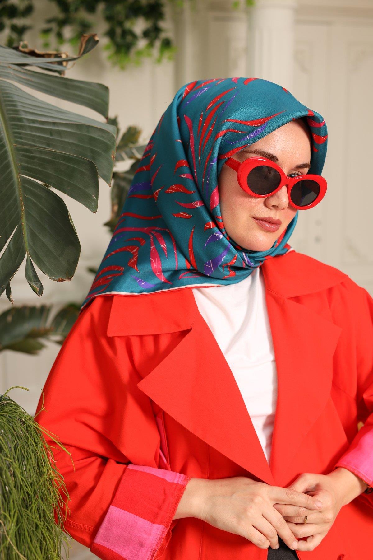Silk Home Petrol Yeşili Pembe Desenli Tivil İpek Eşarp 11432-59